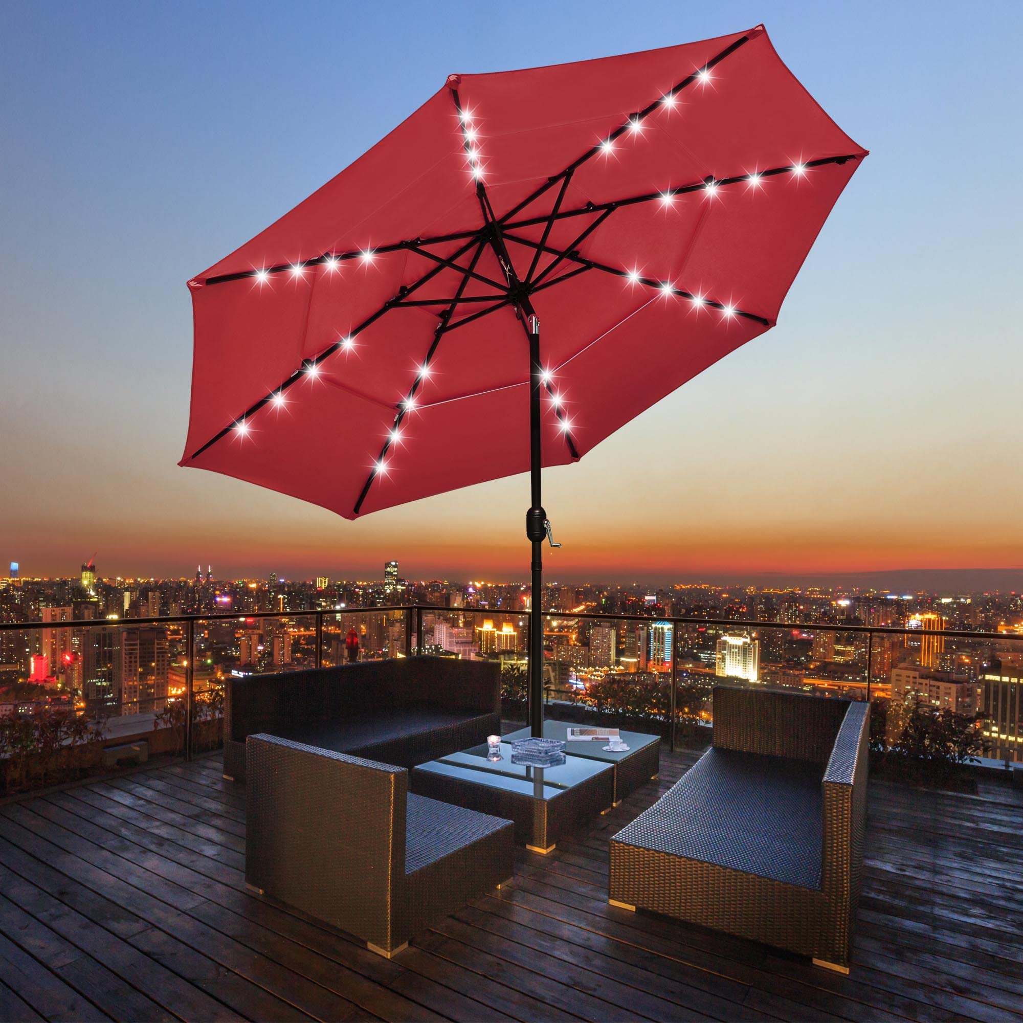 Yescom 10FT 3-Tier Solar LED Patio Umbrella with Crank & Tilt - Aluminum Frame for Outdoor Deck, Backyard, Pool Party & Night Events (Red) | Perfect for Lounging, Dining, and Entertaining Guests in Your Garden or Patio