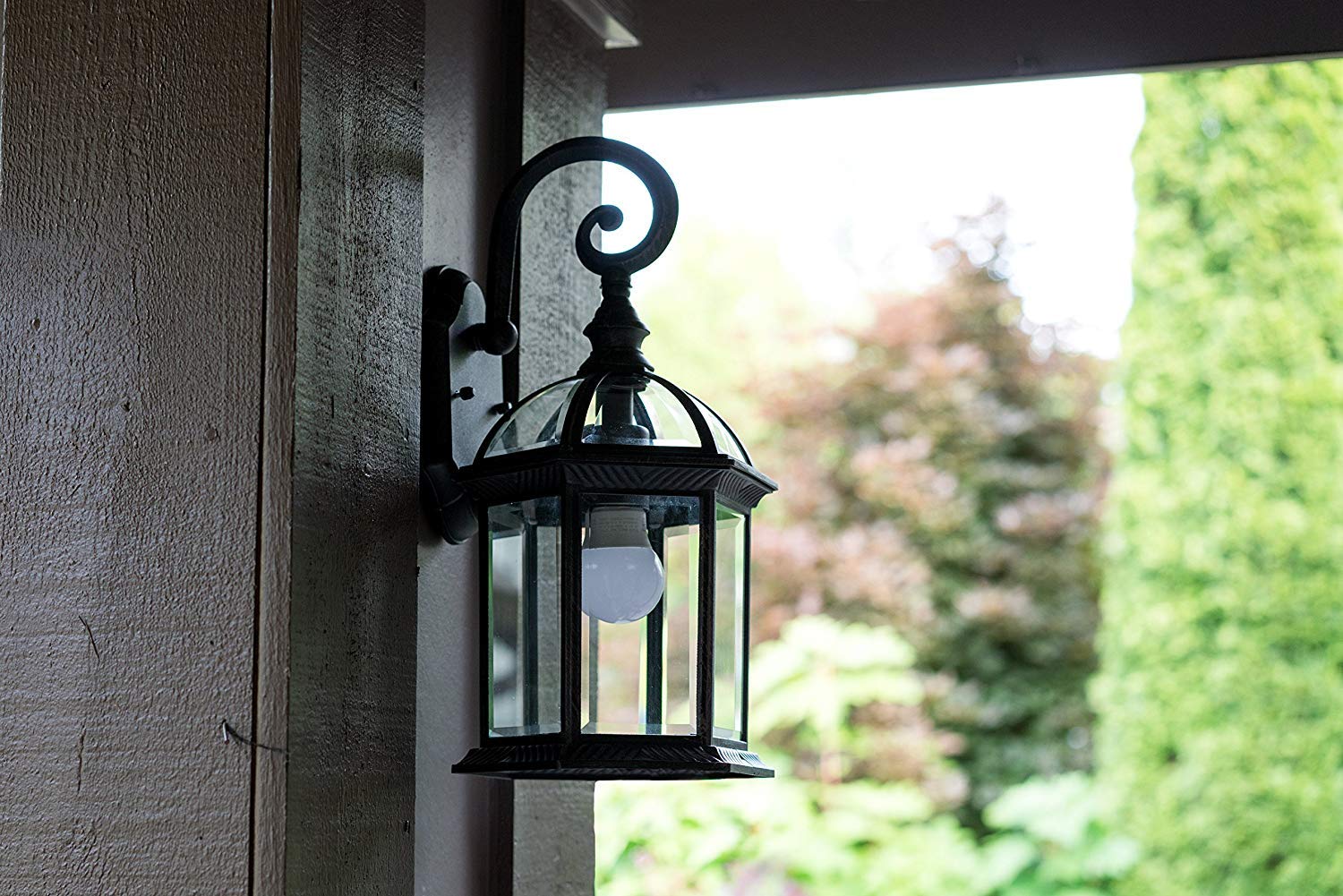 Rustic Wall Lanterns 2 Pack - Weatherproof Outdoor Lighting with Decorative Scroll Sconce Arm & Clear Beveled Glass - Perfect for Front Porch, Backyard, Garden & Patio Lighting