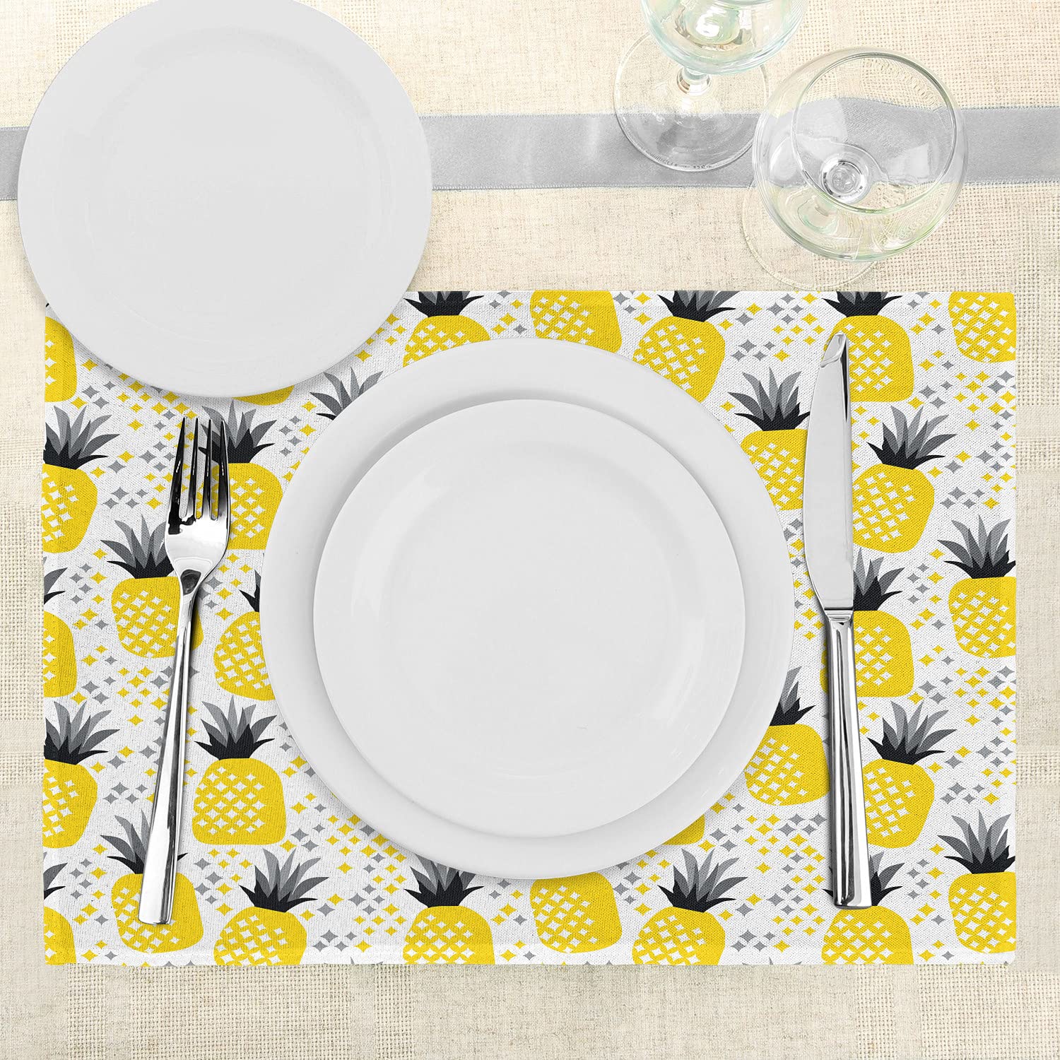 Ambesonne 4-Piece Exotic Pineapple Place Mats Set - Tropical Coastal Beach Theme Kitchen & Dining Table Decor - Washable Fabric Placemats in Yellow, Grey & Black - Perfect for Summer Parties, Beach House Decor & Tropical-Themed Gatherings