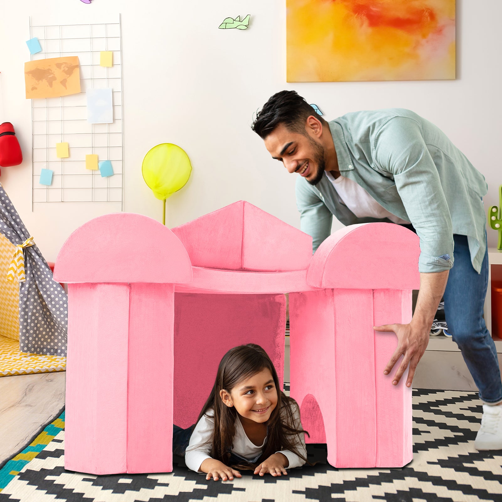 MAXYOYO 10-Piece Modular Convertible Kids Play Couch Sofa Set with Removable Soft Velvet Covers - Pink | Playroom Furniture for Toddlers & Children | Perfect for Playtime, Reading Nook & Sleepovers