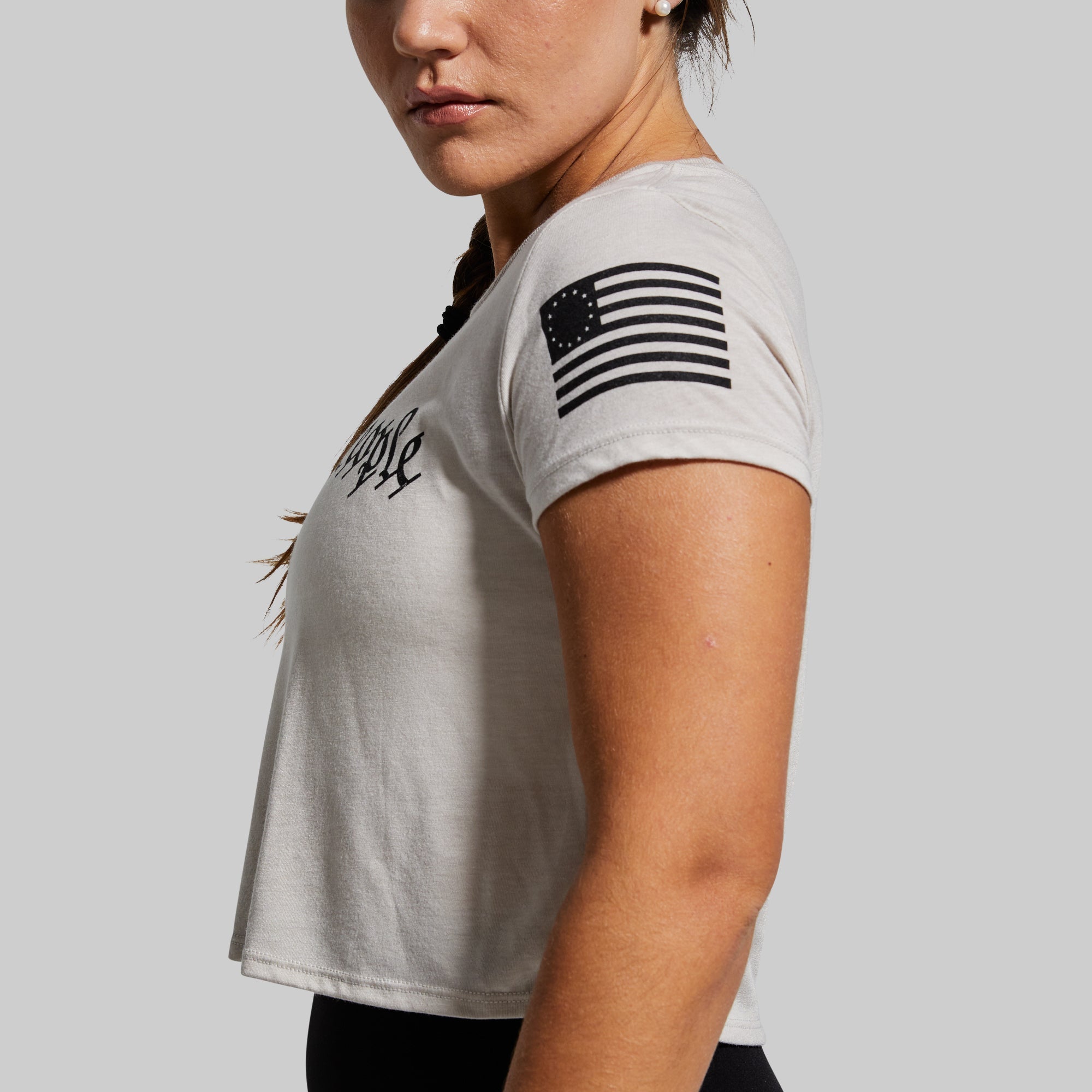 We The People Crop Tee - Women's Casual Short Sleeve T-Shirt in Tan | Perfect for Summer Outfits, Beach Days & Streetwear Fashion