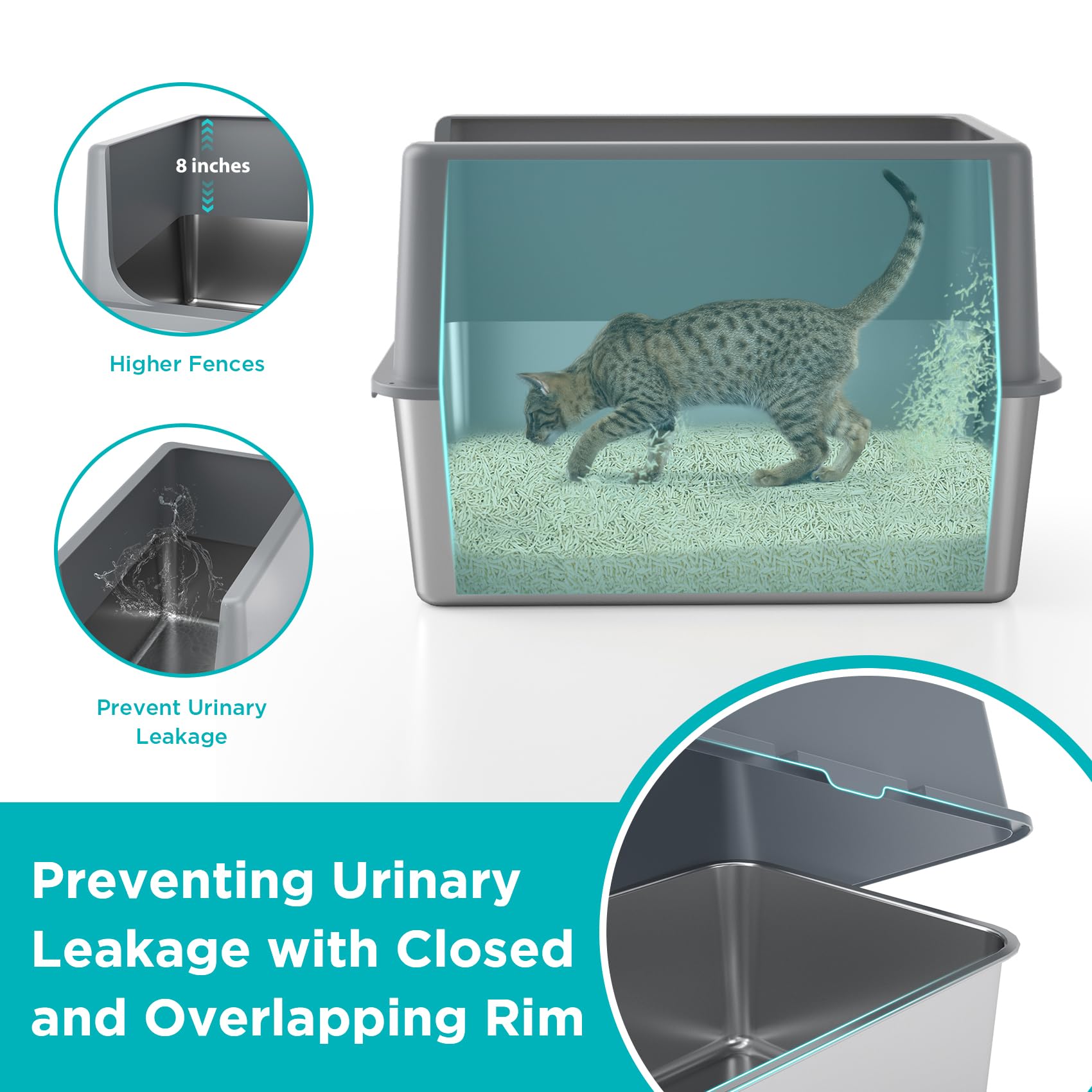 LIHONG Stainless Steel Cat Litter Box with Lid - XXL Metal Enclosed Litter Pan for Large Indoor Cats (23.5