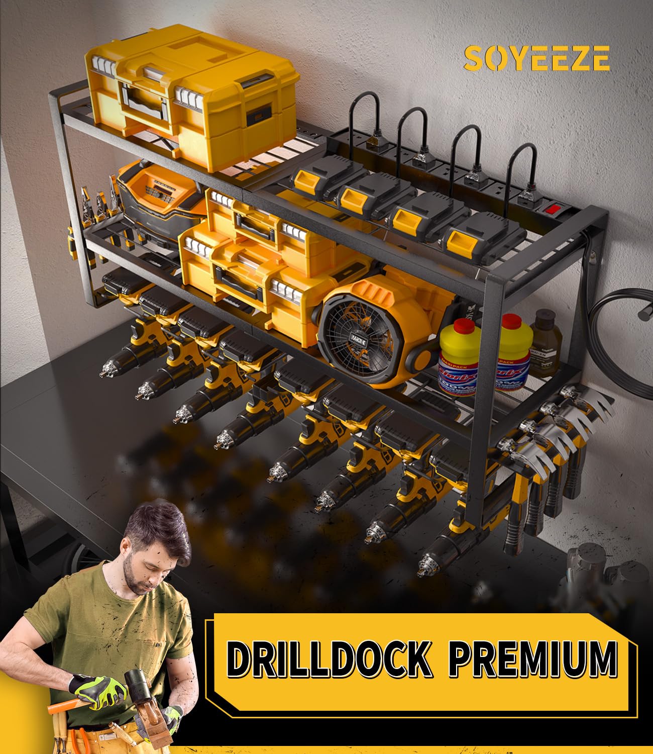 SOYEEZE Heavy Duty Power Tool Organizer with Charging Station - 8 Outlet Power Strip, Wall Mount Drill Holder & Storage Shelves for Garage Workshop - Perfect Father's Day Gift for DIY Enthusiasts & Handymen