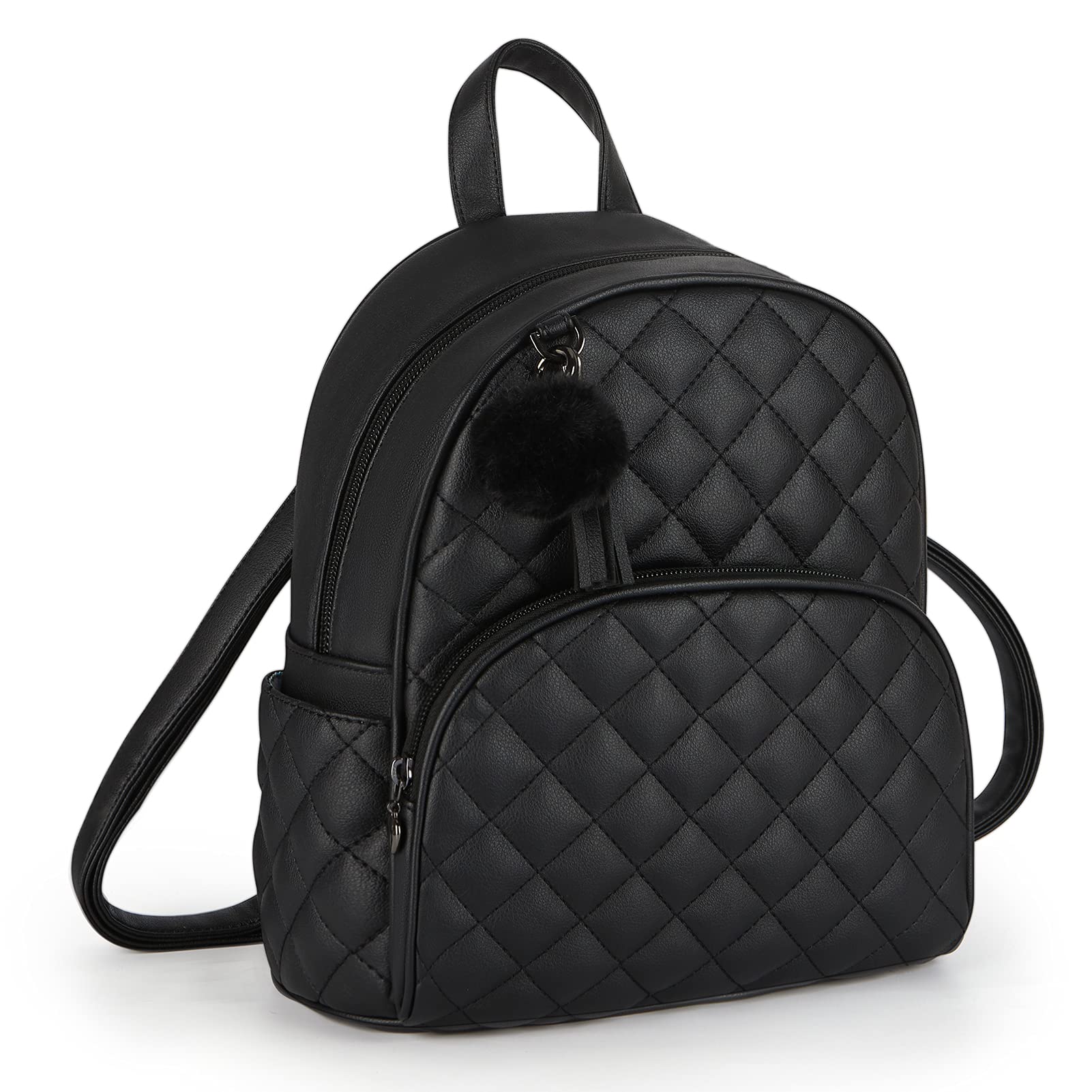 ECOSUSI Mini Backpack for Women - Genuine Leather Small Backpack Purse with Cute Pom Charm & Tassel - Perfect for Travel, School & Everyday Use (Black)