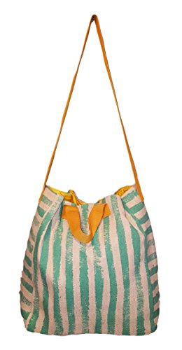 2 in 1 Large Beach Tote Bag with Custom Embroidery - Mint Stripe & Gold Trim Crossbody Shoulder Bag for Women | Perfect for Travel, Shopping, Pool & Beach Day Outings