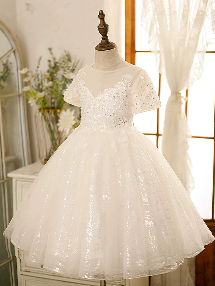 Princess Sweetheart Neckline Tea-Length Tulle Flower Girl Dress - White for Weddings, Bridal Showers & Special Occasions