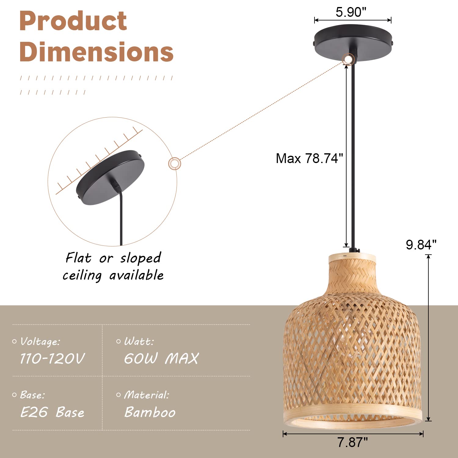 Modern Bamboo Woven Pendant Light Fixture - 2 Pack 7.8