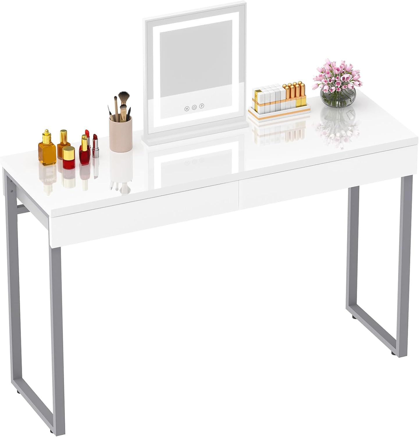 GreenForest Vanity Desk with 2 Drawers - 39 Inch Glossy White Makeup Table with Storage Space for Bedroom, Home Office & Dressing Area - Perfect for Cosmetics Organization and Workspace Setup