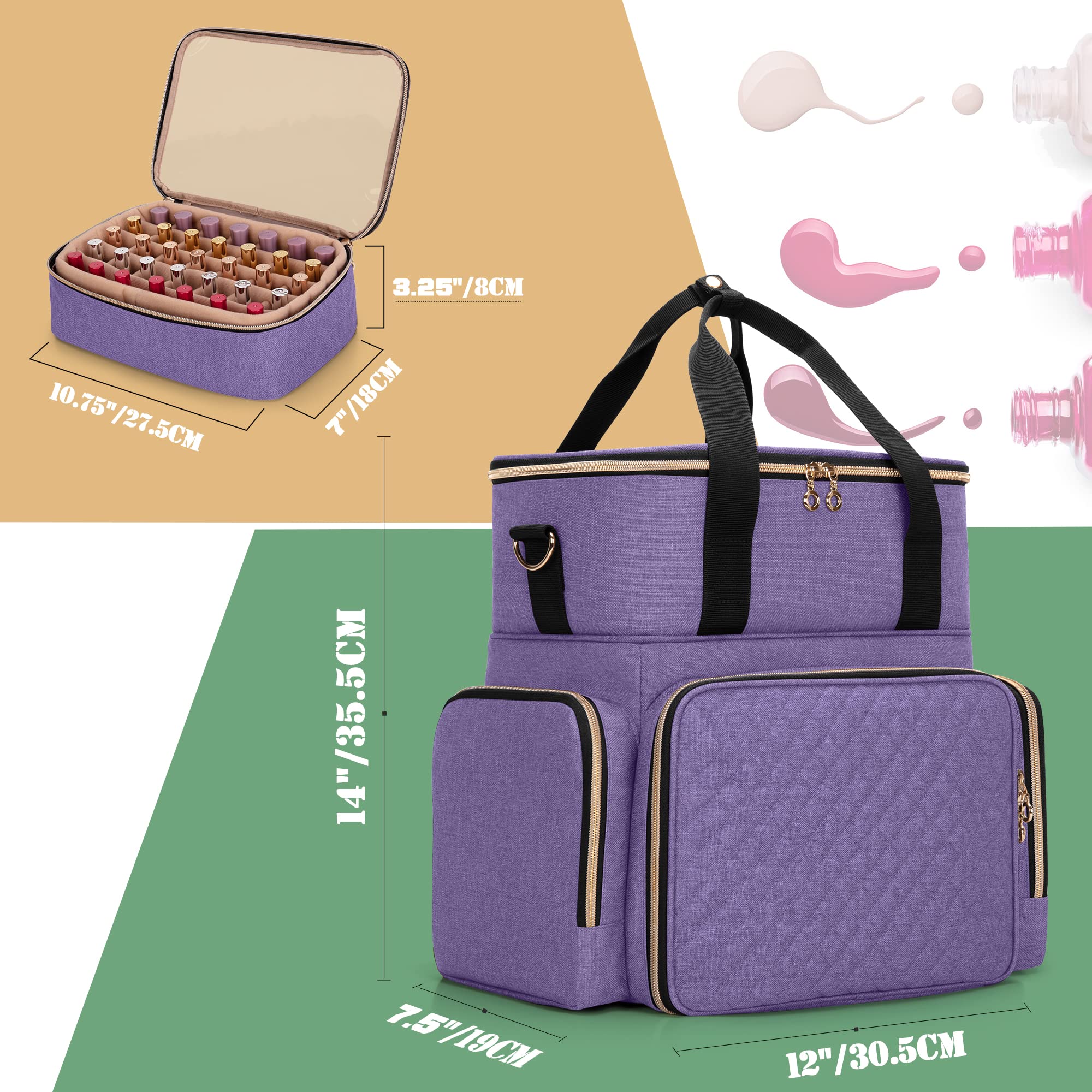 LUXJA Nail Polish Organizer Case Holds 70 Bottles & UV/LED Lamp - Portable Nail Art Storage with 2 Removable Bags & Tool Pockets - Perfect for Salon Professionals & Home Manicures (Purple)