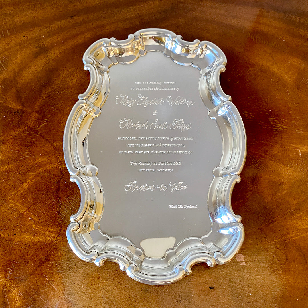 Antique Pewter Chippendale Serving Tray with Engraved Wedding Invitation Design - Elegant Tableware for Bridal Showers, Anniversary Gifts & Home Decor
