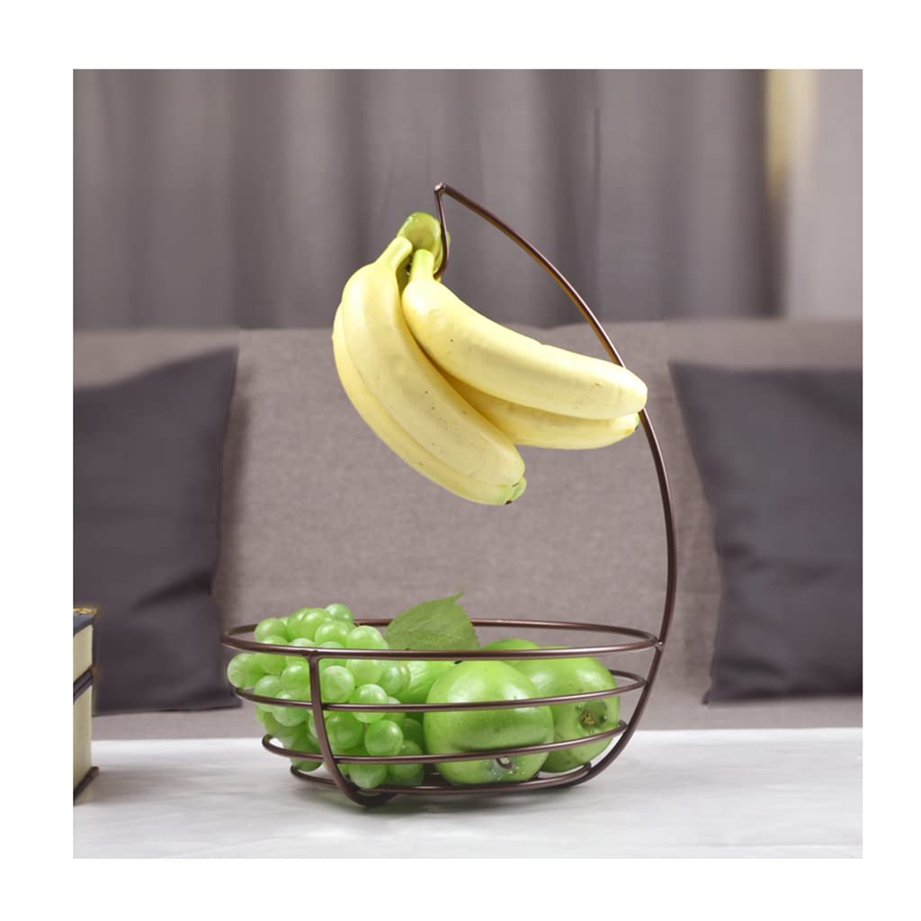 Large Double Layer Wrought Iron Fruit Basket with Banana Hanger - High Capacity Drainable Fruit Bowl for Kitchen, Living Room | Perfect for Organizing Snacks, Displaying Fruits & Home Decor