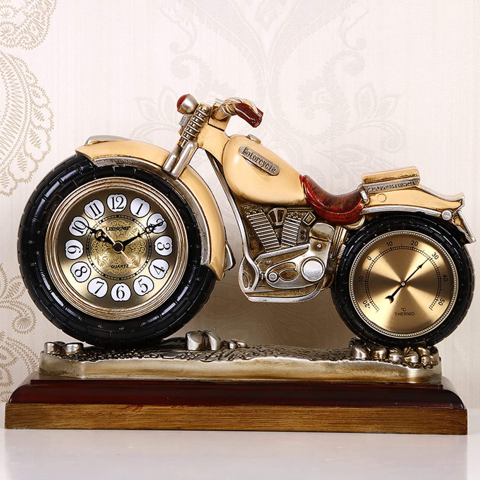 **Vintage Motorcycle Resin Mantel Clock - Classic Desktop Decor for Living Room, Office & Home - Perfect Gift for Bikers & Clock Collectors**