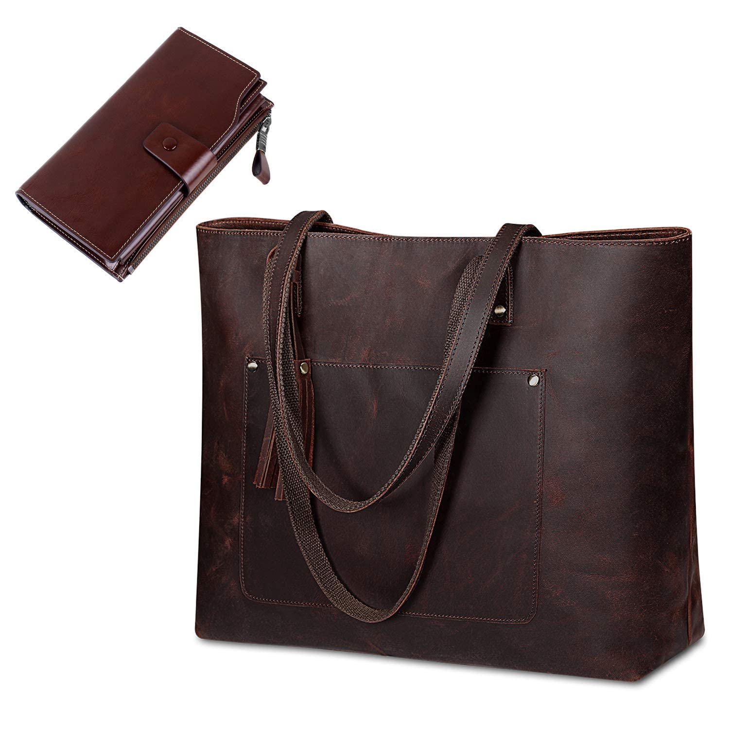 Vintage Genuine Leather Shoulder Tote Bag for Women - Large Work Purse, Travel Handbag with RFID Blocking & Card Holder - Perfect for Office, Commuting & Business Trips