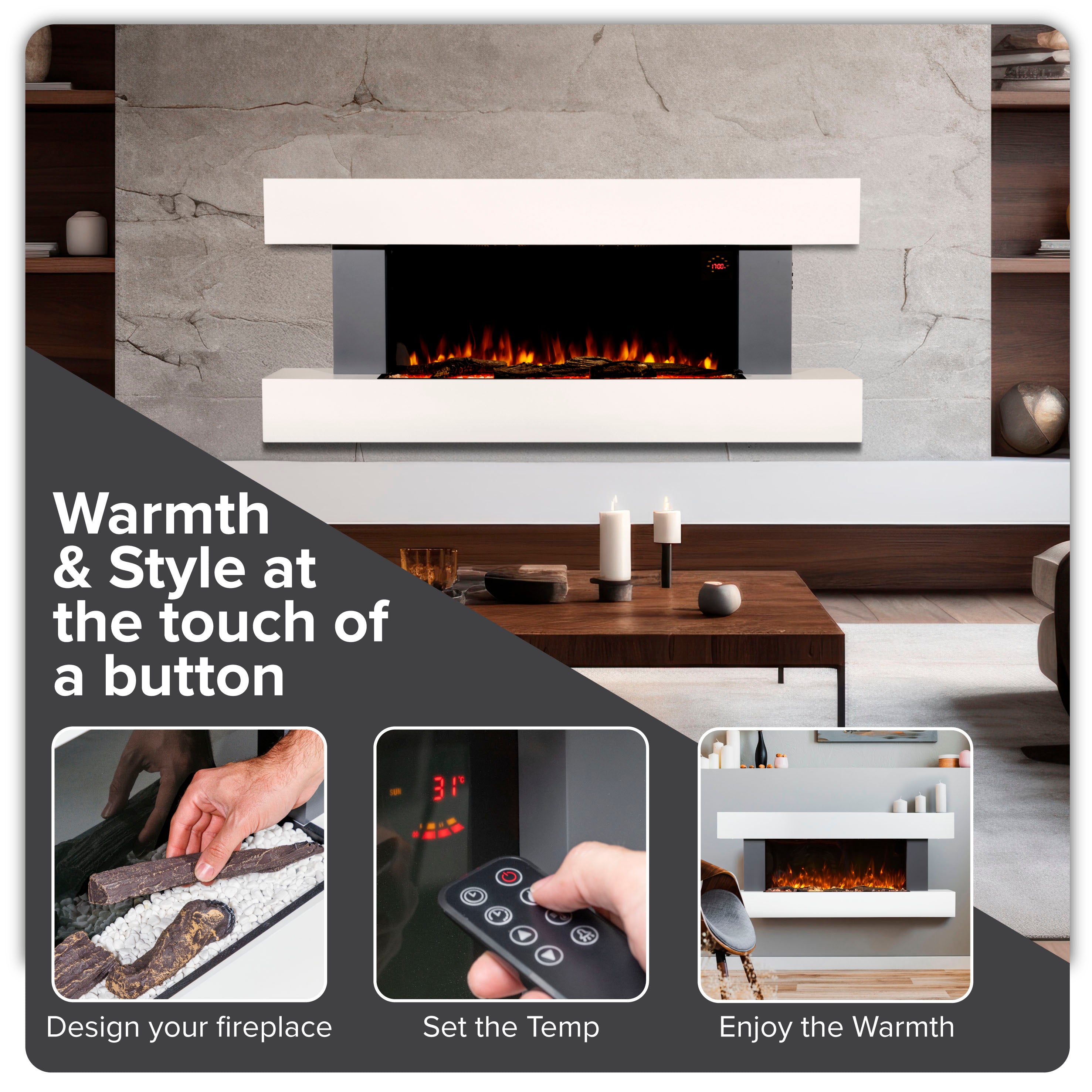 Baridi 52 Inch Electric Fireplace Wall Mount - Realistic LED Flame Effects, Grey Finish - Perfect for Living Room, Bedroom & Office Heating (Model DH112)
