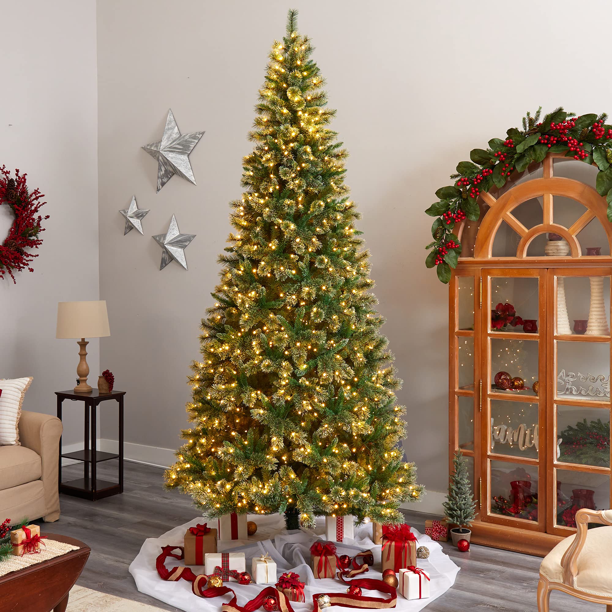 Nearly Natural 10ft Wisconsin Slim Snow Tip Pine Artificial Christmas Tree with 1050 Clear LED Lights - Perfect for Living Room, Office & Holiday Decorations