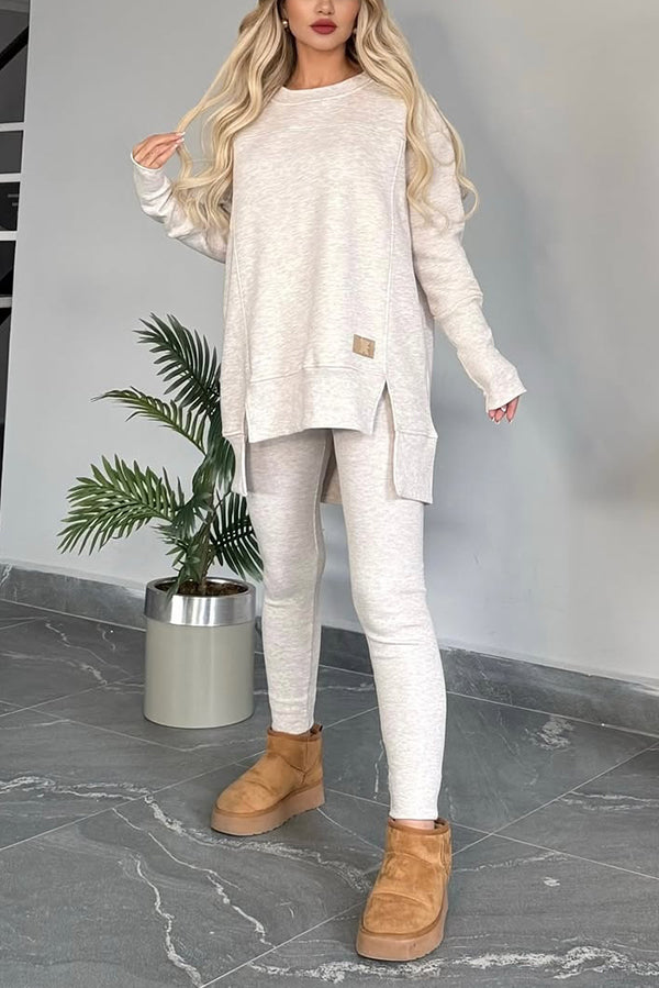 Solid Color Crew Neck Long Sleeve Top & Stretchy Casual Pants Set - Women's Comfortable Lounge Wear for Home, Yoga & Everyday Outfits