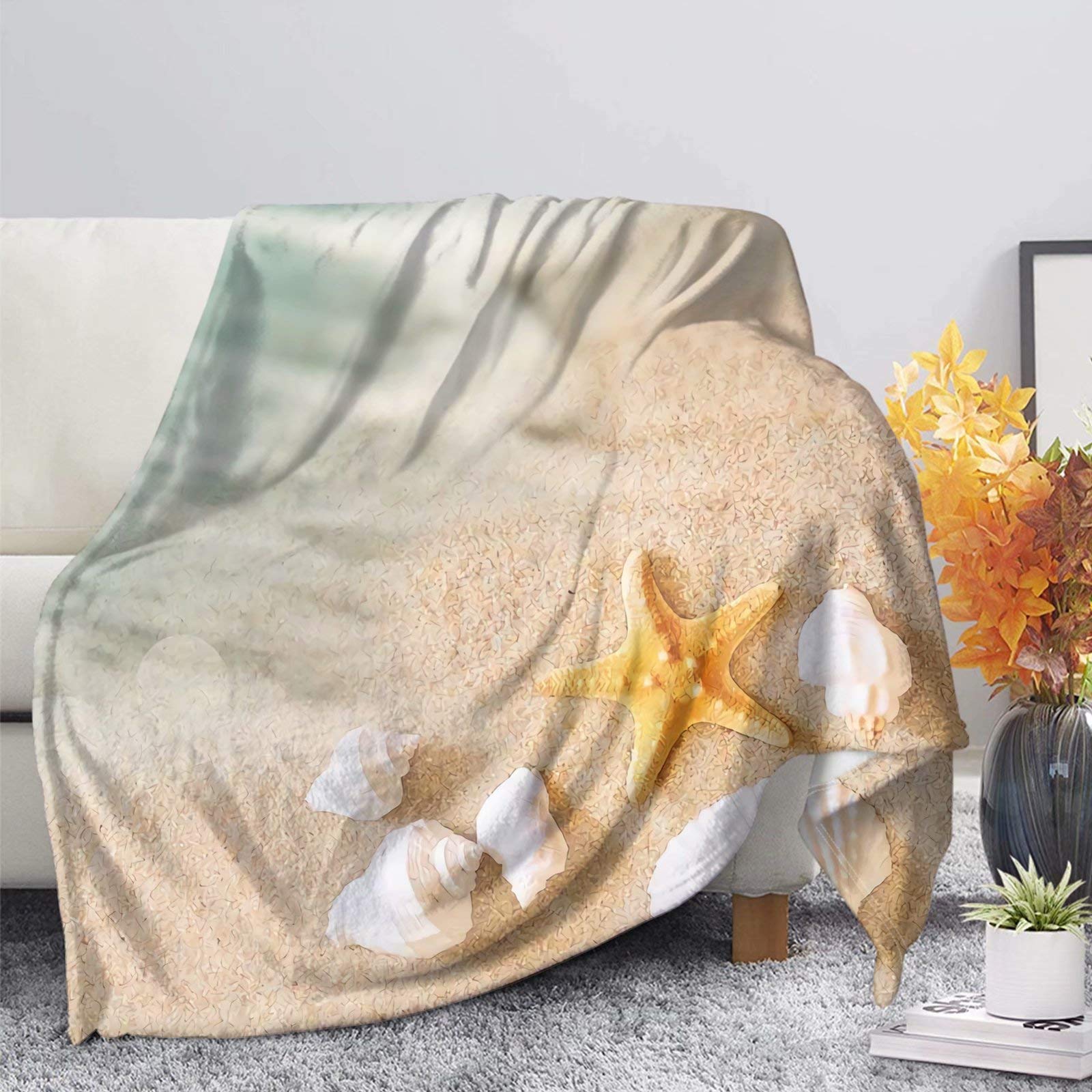 STUOARTE Shell Starfish Summer Warm Throw Blanket - Soft Plush Sherpa Blanket for Bed, Sofa, Home, Office & Camping - Cozy Comfort for Women, Kids, Adults & Pets | Perfect for Lounging, Movie Nights & Outdoor Adventures