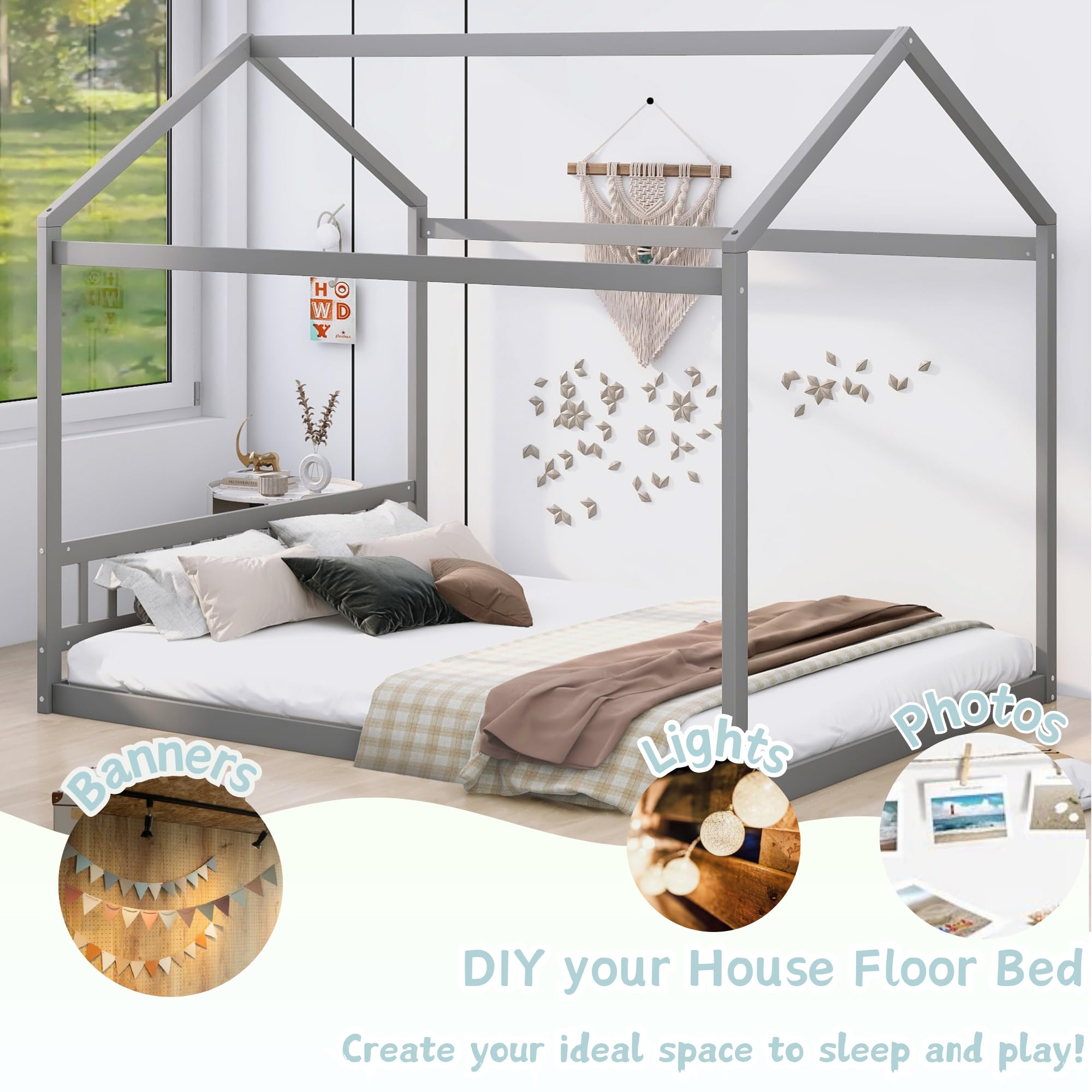 Montessori Wooden House Floor Bed Frame for Kids, Teens & Adults - Queen Size with Roof, No Box Spring Needed, Gray - Perfect for Kids' Bedrooms, Playrooms & Montessori Learning Spaces