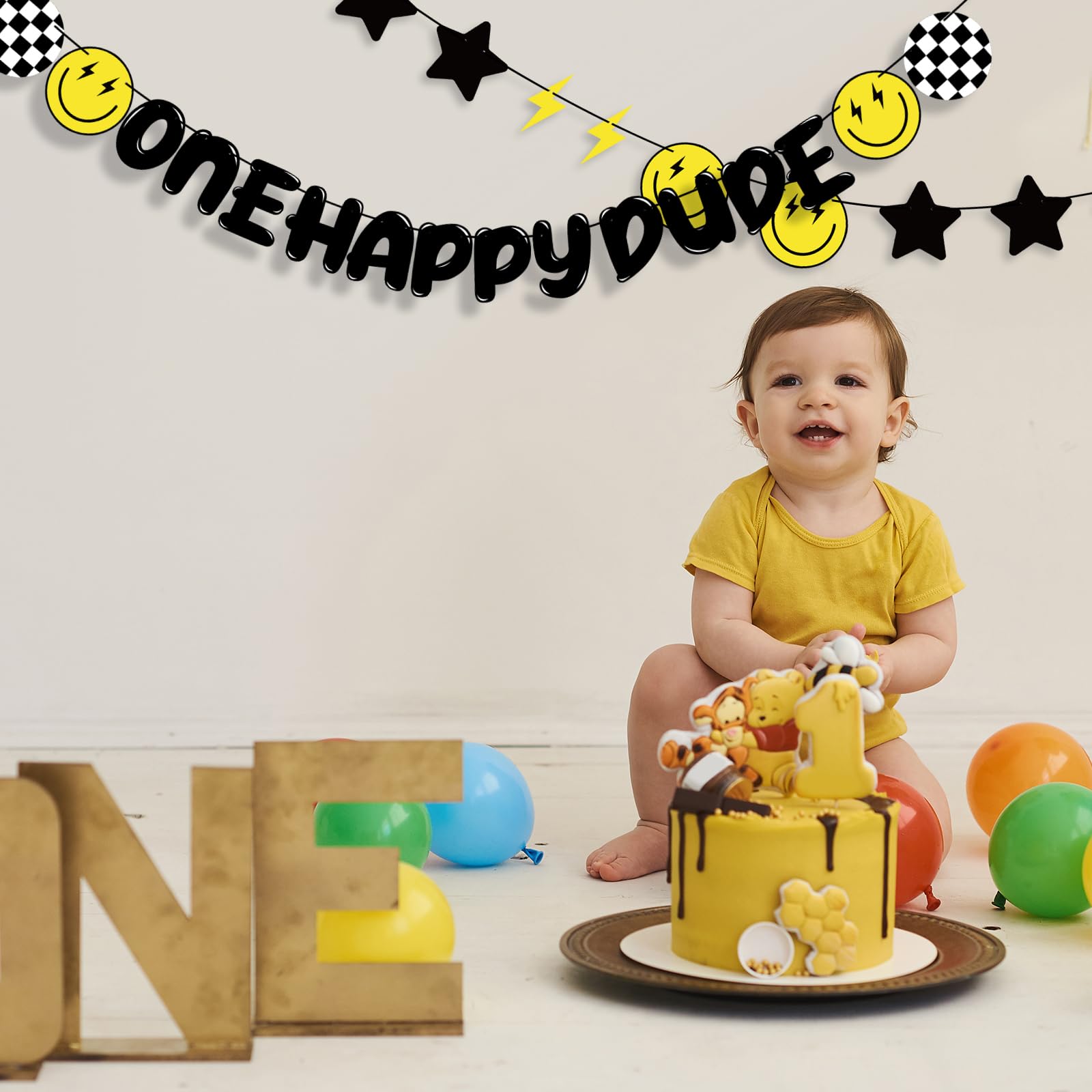 28 Pcs One Happy Dude Birthday Party Decorations Set - 1st Birthday Banner, Smiley Face Hippie Theme for Baby Boy's First Birthday Party Decoration | Perfect for Indoor & Outdoor Celebrations