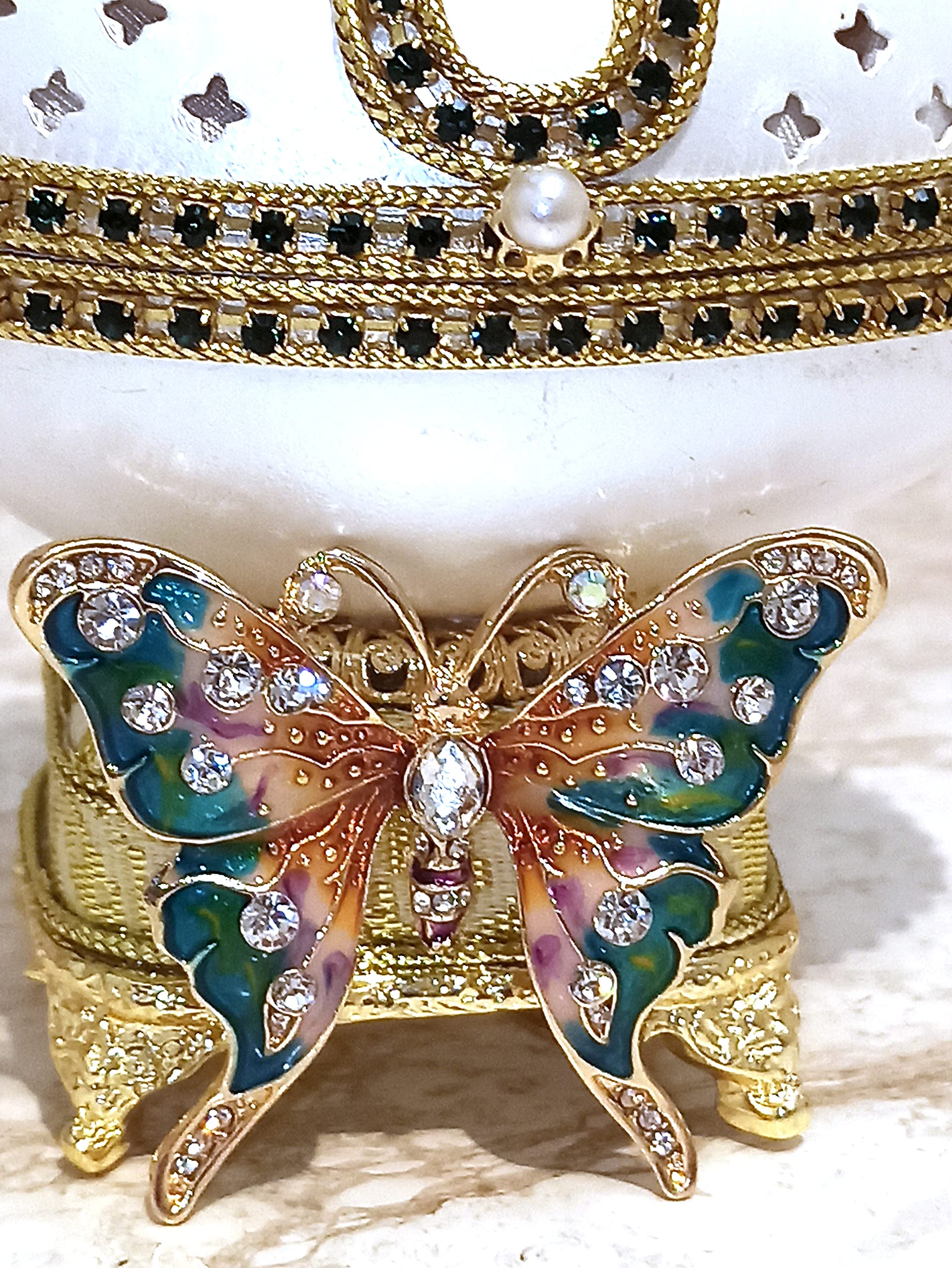 Handcrafted 24K Gold Butterfly Jewelry Box - Real Emerald Crystal Gem Faberge Egg Treasure Box | Unique Music Box Gift for Teenagers, Birthday, Christmas | Perfect for Jewelry Storage & Decorative Home Accent