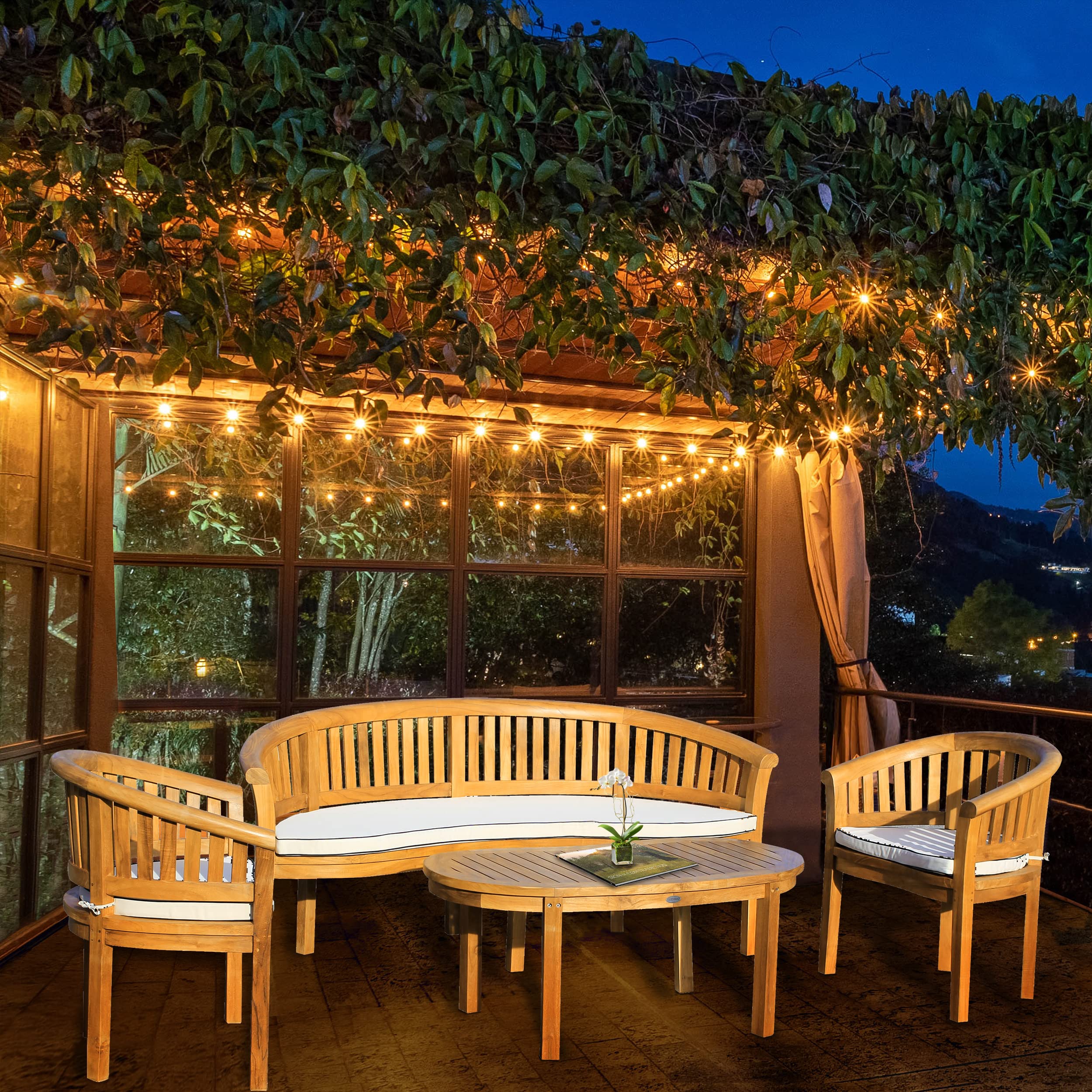Premium 4-Piece Teak Wood Outdoor Patio Lounge Set - Triple Bench, 2 Chairs & Coffee Table - Solid A-Grade Teak Furniture for Garden, Poolside & Backyard Relaxation