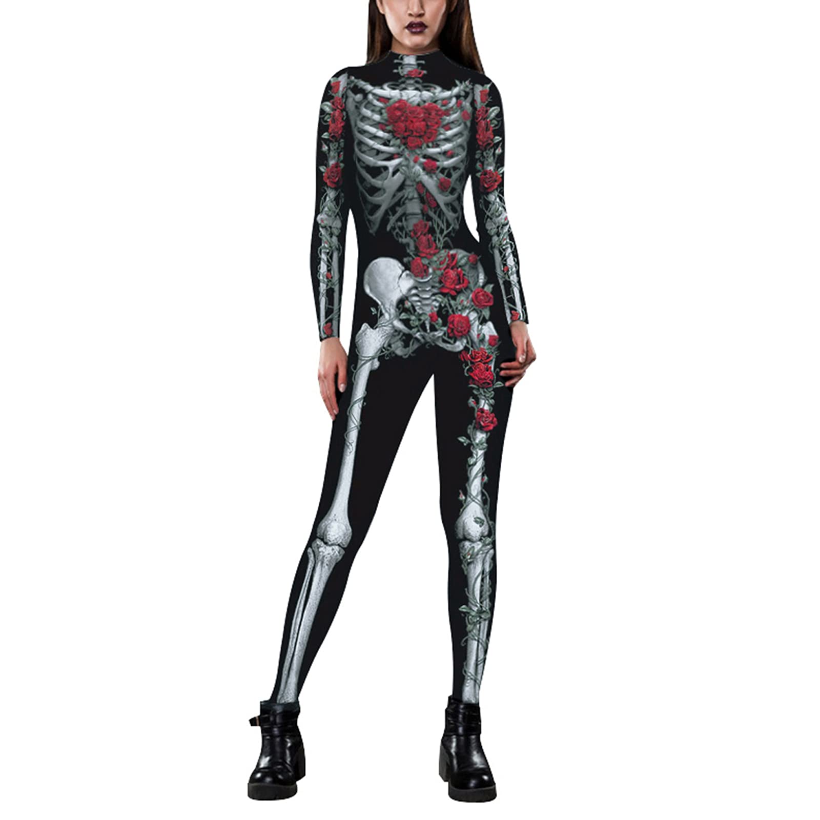 Women's Christmas Red Jumpsuit Costume - Long Sleeve High Neck Neon Skeleton Bodycon Jumpsuit - 3D Stretch Bodysuit in Black - Perfect for Halloween, Christmas Parties & Cosplay Events