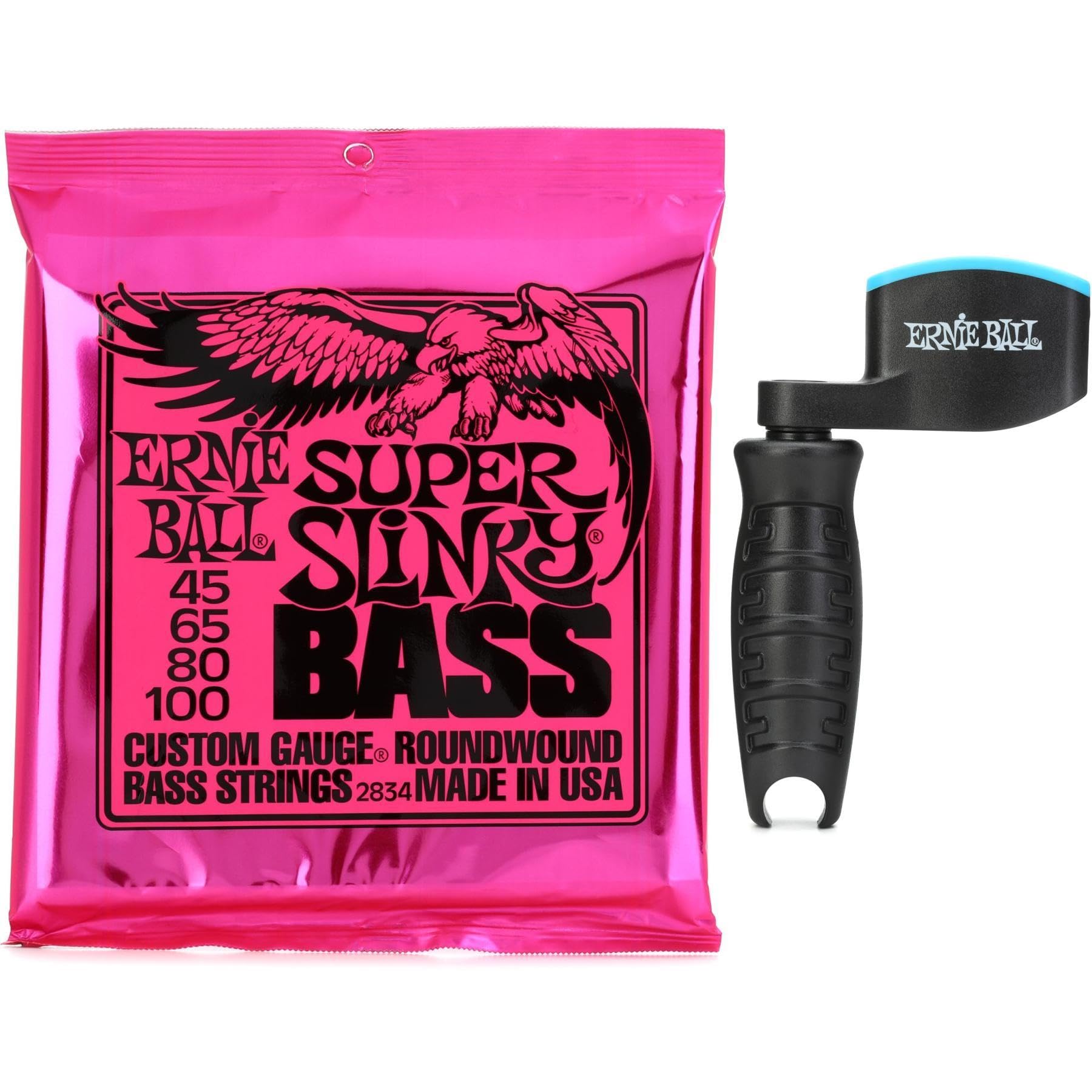 Ernie Ball 2834 Super Slinky Nickel Wound Electric Bass Guitar Strings .045-.100 Gauge with Pegwinder - Perfect for Rock, Jazz & Studio Recording