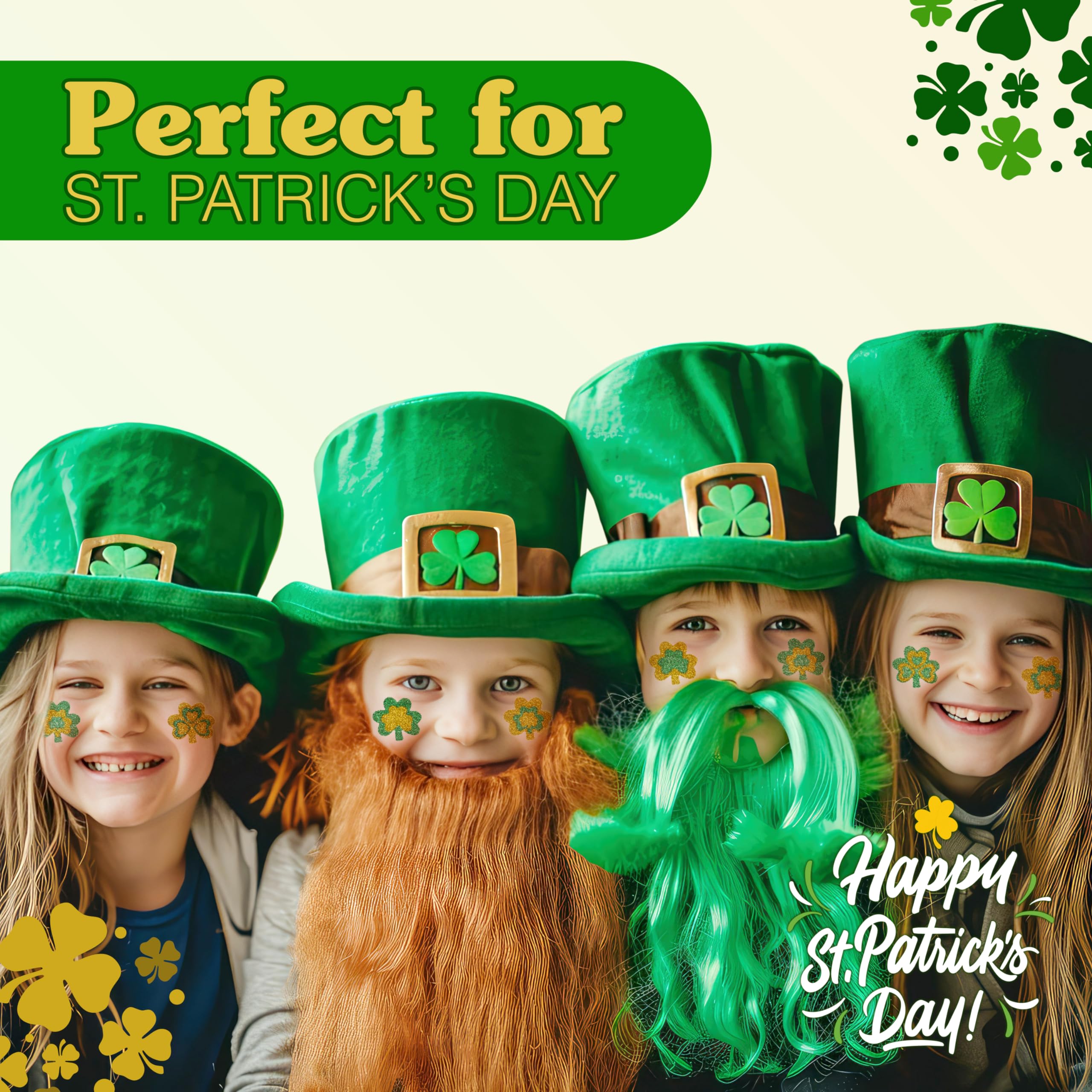 4E's Novelty Shamrock Temporary Tattoos - 24 Pack Glitter St. Patrick's Day Tattoos for Kids & Adults | Irish Party Favors, Face & Body Art | Perfect for Festivals, Parades & Themed Events