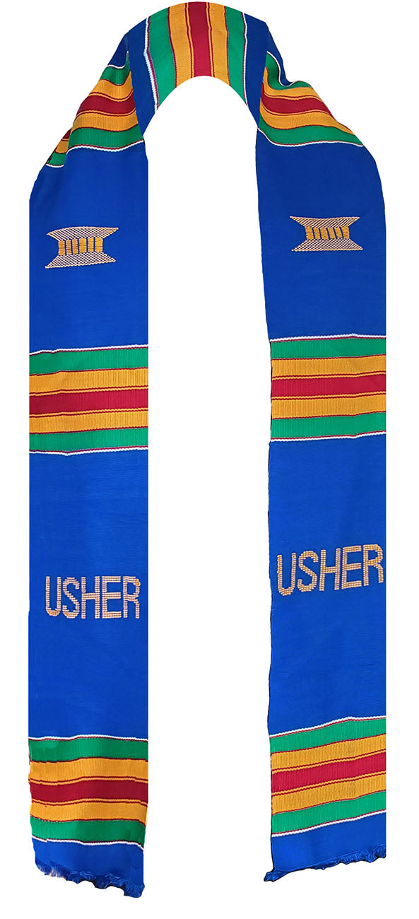 Authentic Blue USHER Kente Cloth Sash & Stole - African Heritage Scarf for Graduation, Wedding & Cultural Events