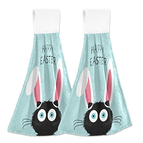 Easter Cat Bunny Ears Hanging Kitchen Towel Set - 2 Pack Blue Soft Microfiber Hand Towels with Loop for Bathroom, Oven & Kitchen Decor | Absorbent Washcloth for Easter, Spring & Home Decor