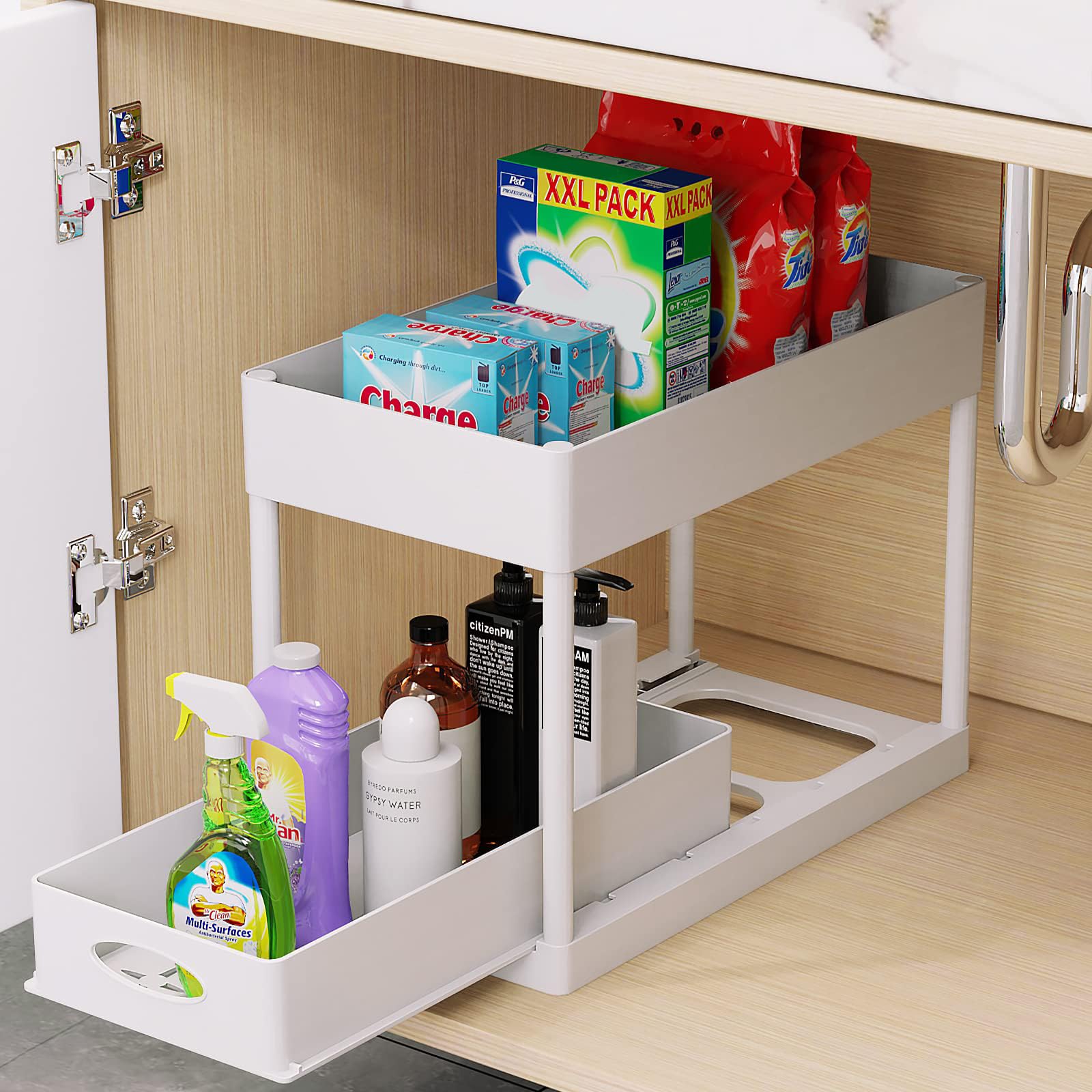 PUILUO 2-Tier Under Sink Organizer - White Sliding Cabinet Basket for Bathroom & Kitchen Storage - Perfect for Organizing Cleaning Supplies, Sponges & Toiletries Under Sink or in Cabinets