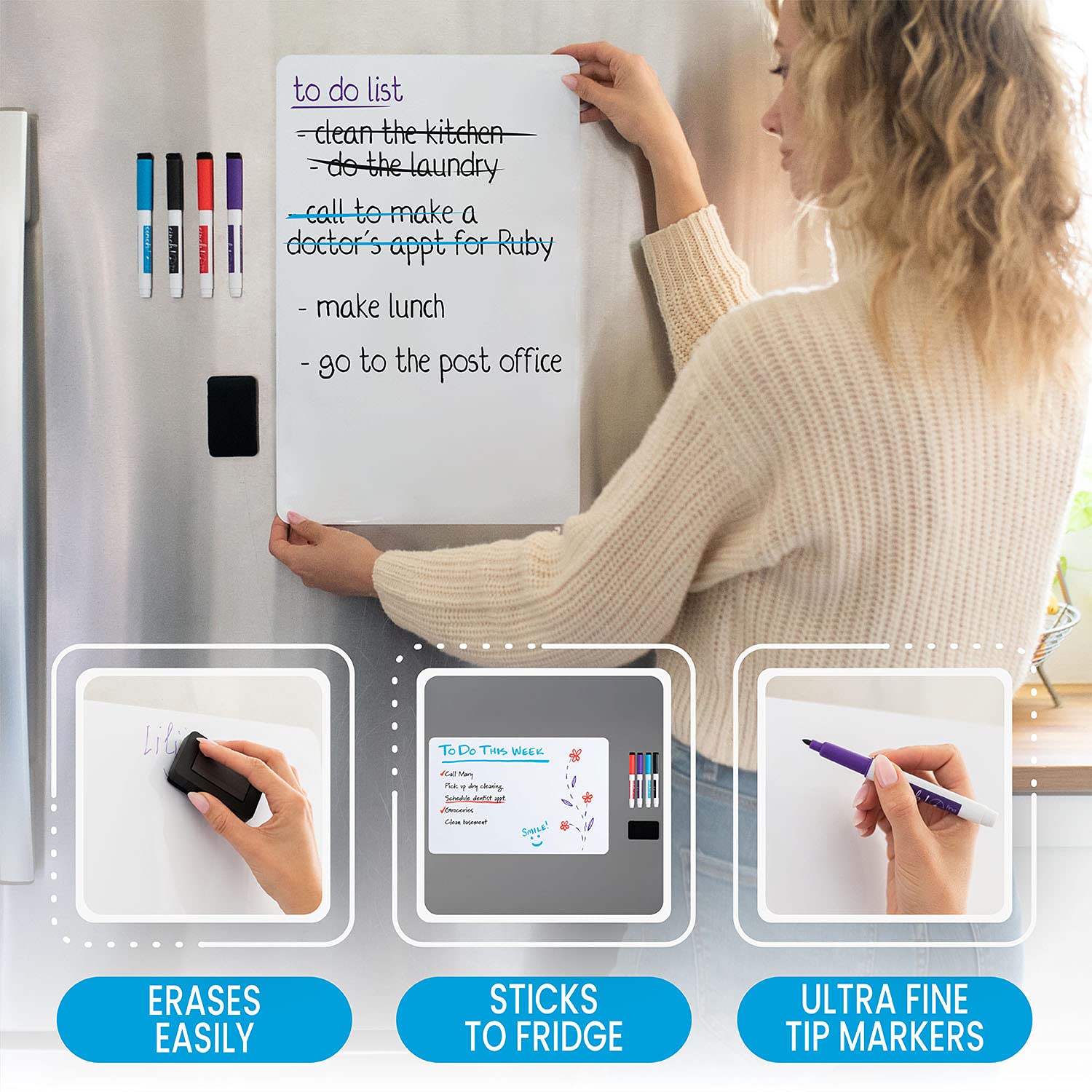 Magnetic Dry Erase Whiteboard Sheet for Refrigerator - 16x11 Stain Resistant Kitchen Whiteboard with 4 Markers & Eraser - Perfect for Grocery Lists, Meal Planning & Family Messages