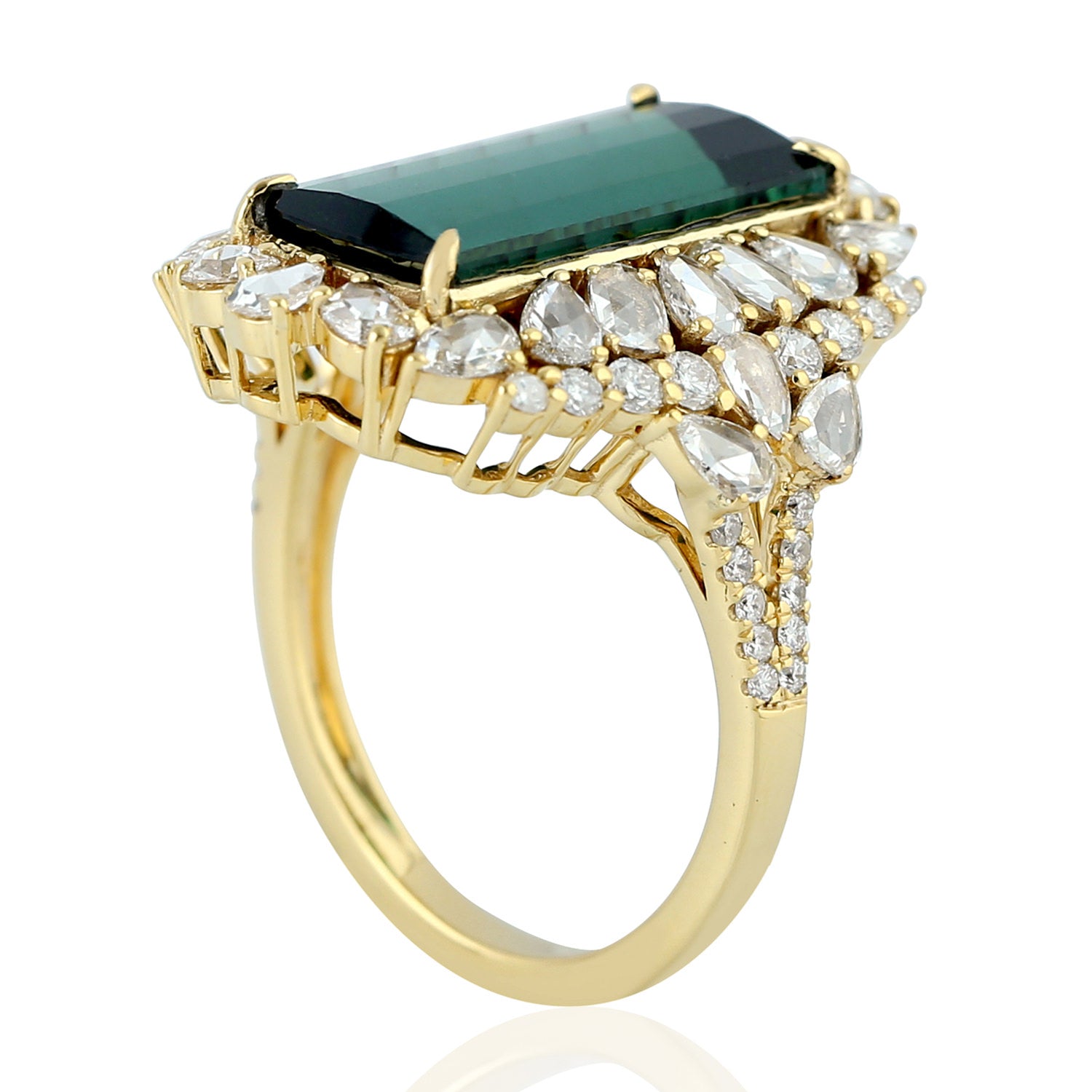 18K Yellow Gold Green Tourmaline Rose Cut Diamond Cocktail Ring | Elegant Statement Jewelry for Evening Parties, Weddings & Special Occasions