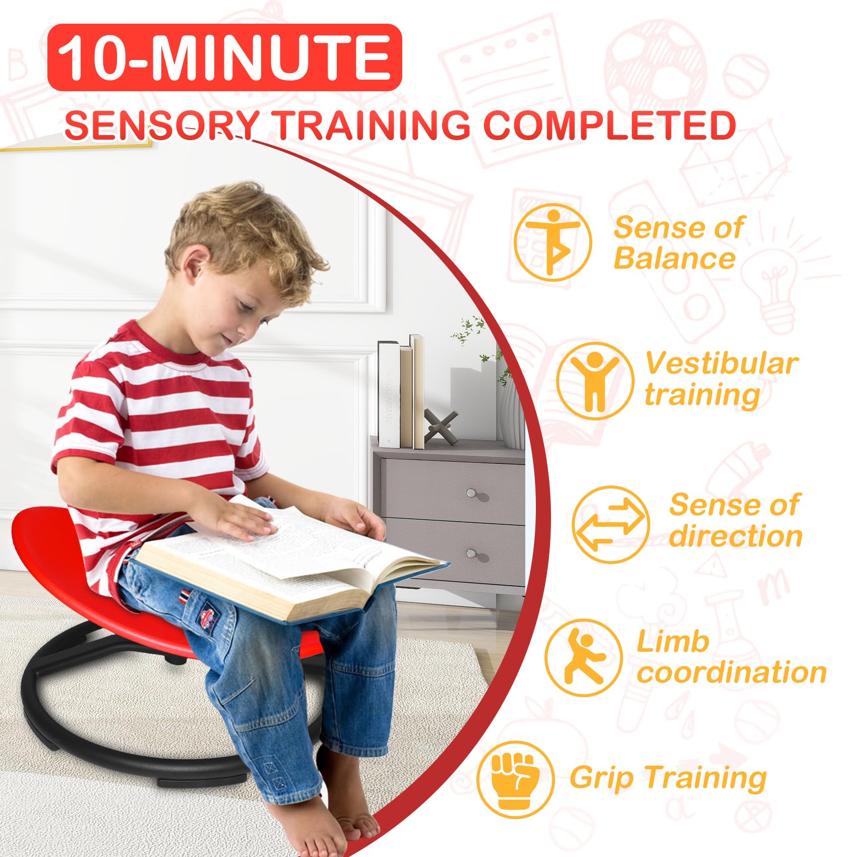 **Kids Swivel Chair - Spinning Sensory Chair for Autistic & ADHD Children - Sit and Spin Chair for Body Coordination Training - Non-Slip Metal Base (Red) - Perfect for Home, Classroom & Therapy Use**