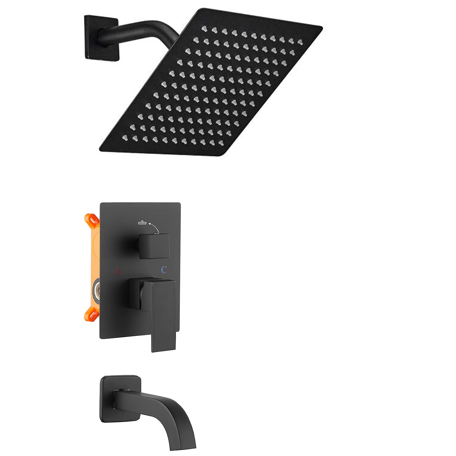 GGStudy Single Function Shower Trim Kit with Rough-in Valve - 8 Inch Square Stainless Steel Rainfall Shower System with Tub Faucet - Matte Black Finish for Modern Bathrooms - Perfect for Spa-Like Showers and Relaxing Baths