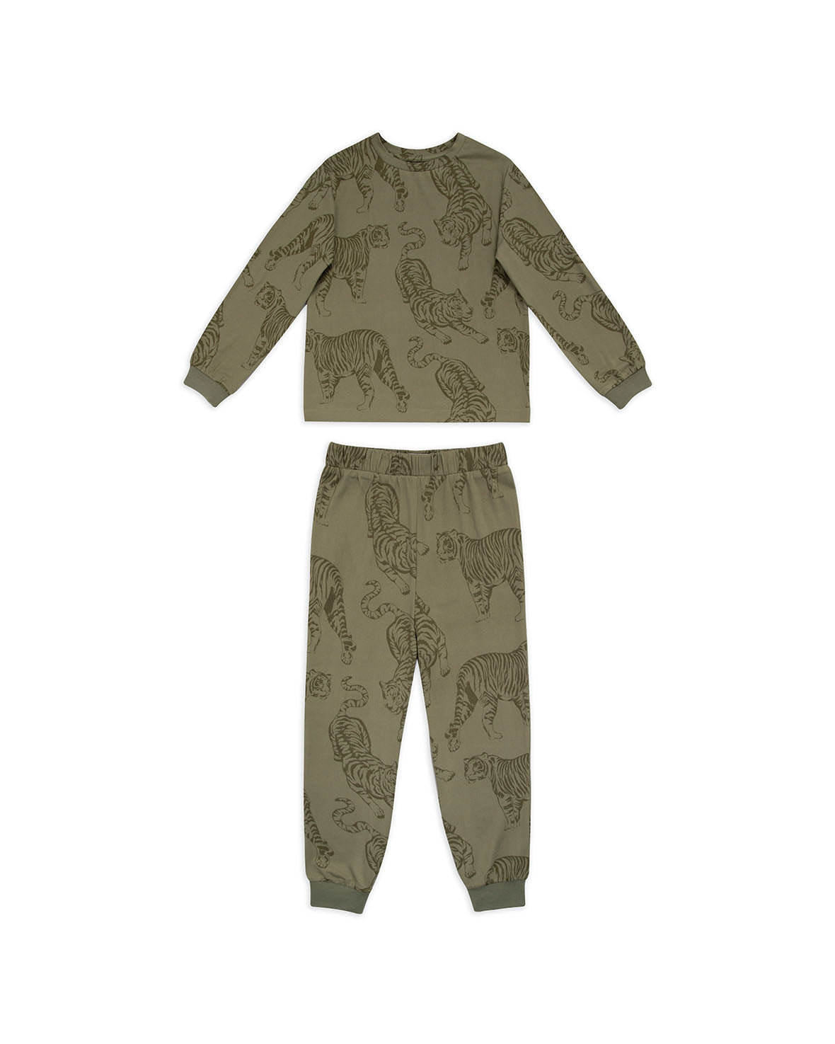 Kids Tiger Print Long Sleeve Pajama Set - Soft & Comfortable Sage Green Sleepwear for Boys & Girls | Perfect for Bedtime, Lounging & Sleepovers