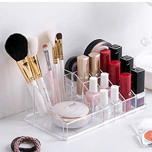 PRUTHA® 16 Grid Clear Acrylic Lipstick Organizer & Nail Polish Holder - 16 Compartment Makeup Storage Box for Lip Gloss, Cosmetics, Jewelry - Perfect for Vanity, Bathroom, and Travel Organization