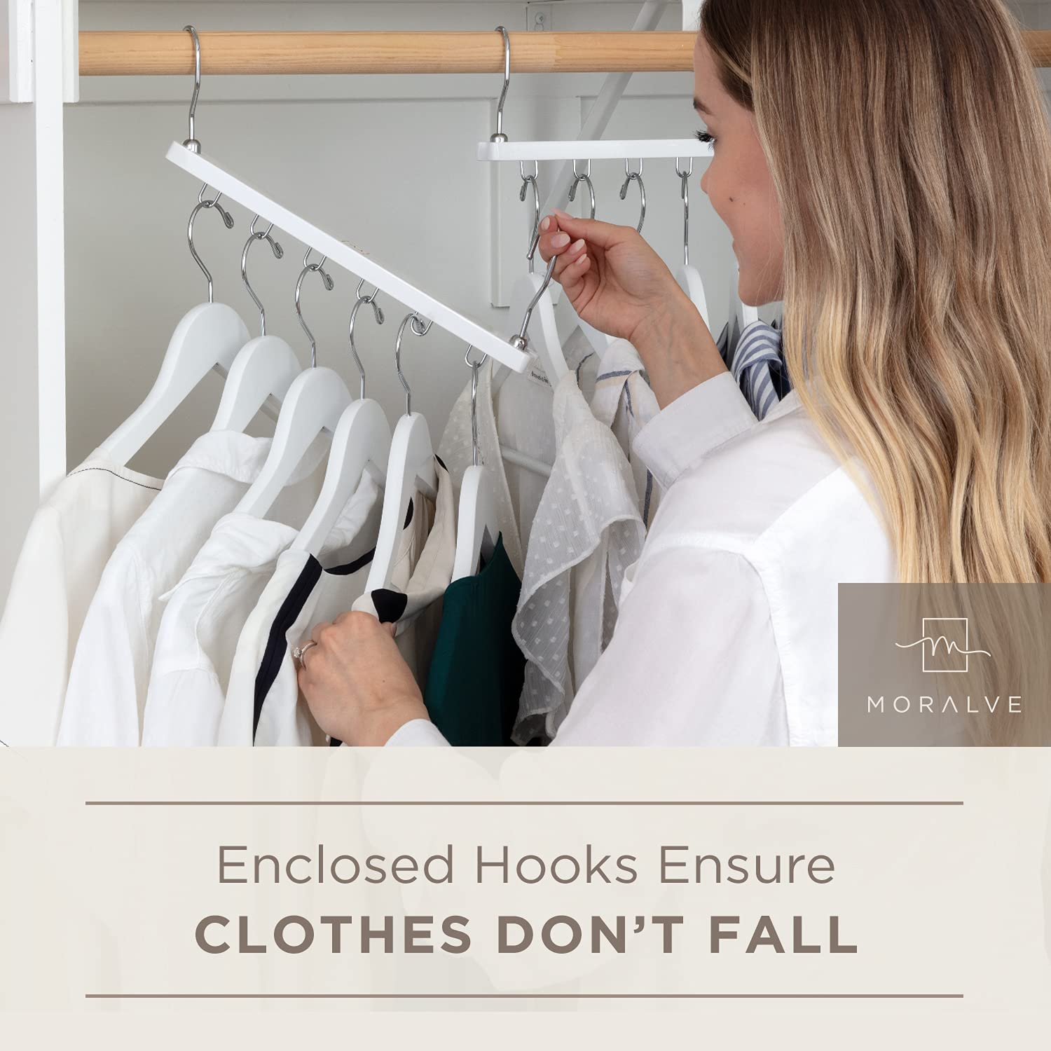 MORALVE Space Saving Closet Hangers Bundle (White) - 10 Pack for Organizing Clothes, Coats & Pants - Perfect for Small Closets, Dorm Rooms & Travel