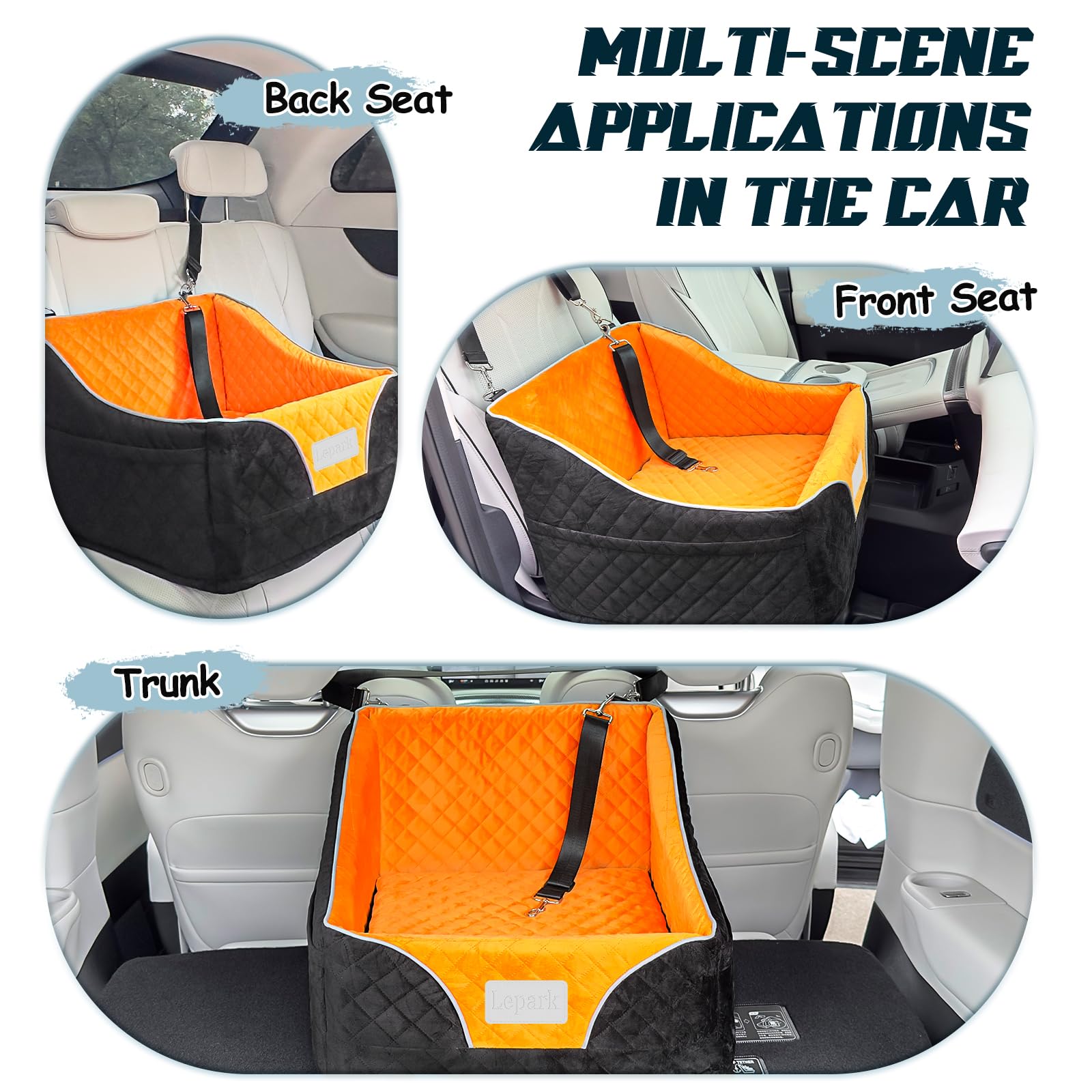 Lepark Dog Car Seat for Small Dogs & Cats - Washable Pet Booster Seat with Storage Pockets - Travel Safety Carrier for Front/Back Car Seats (Orange) - Perfect for Road Trips & Daily Commutes