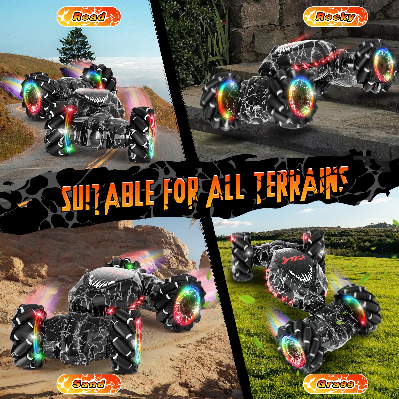 RC Stunt Car 2.4GHz Remote Control, LED Gesture Sensing & 4WD Double Sided Off-Road Drift Car with Lights & Music - All Terrain Rotating Toy for Boys Girls Kids Birthday Christmas Gifts (Black)
