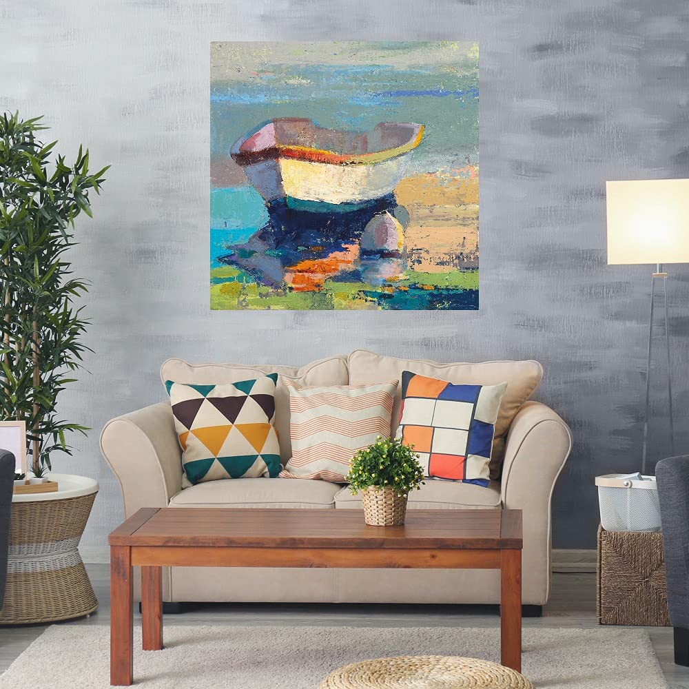 Beth Forst Original Boat Painting - Premium Bottle Green Canvas Wall Art for Living Room, Bedroom, Office Decor - 32x32 Inch Ready to Hang - Perfect for Coastal, Nautical & Modern Home Décor