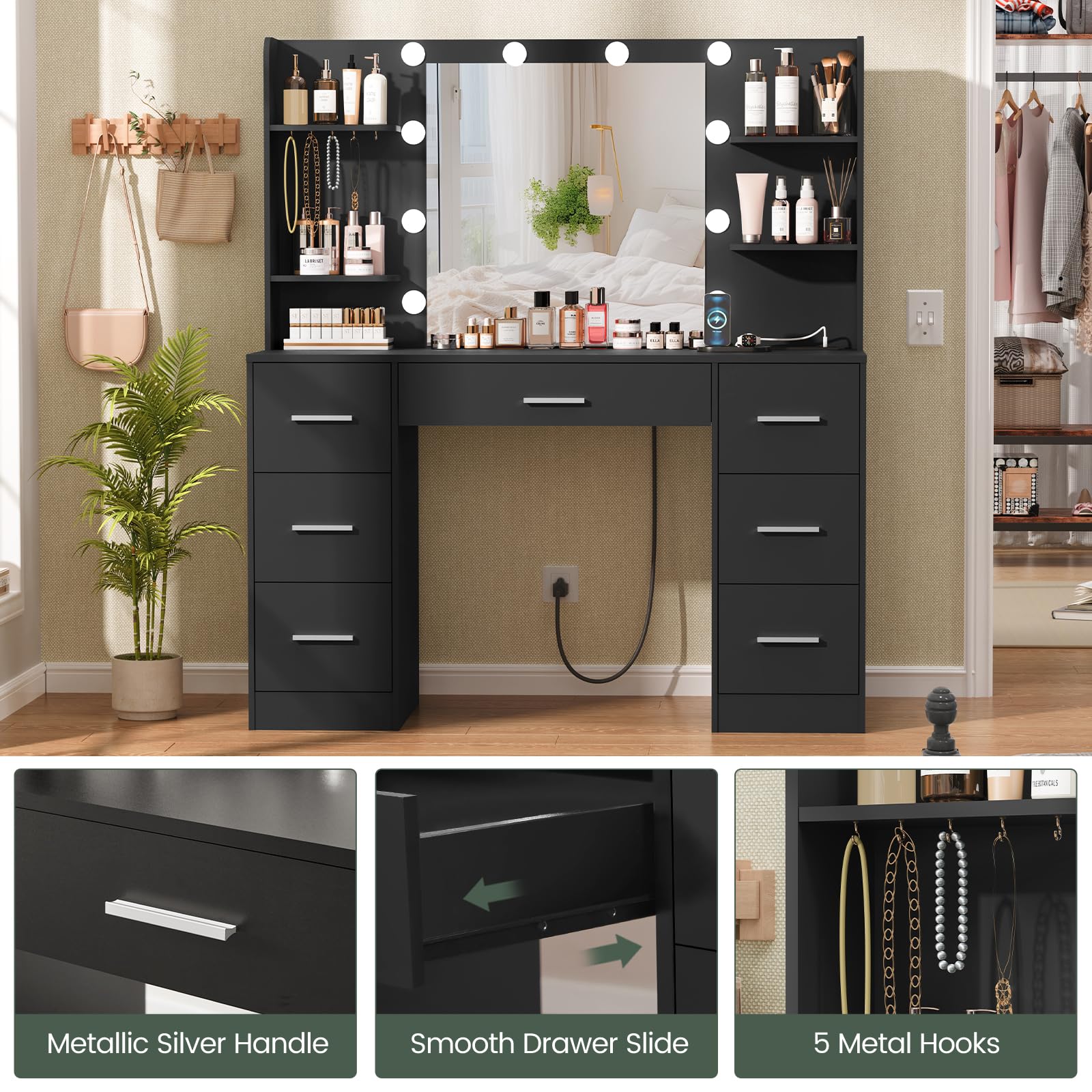 Quimoo Large Vanity Desk with LED Lighted Mirror & Power Outlet - Makeup Vanity Table with 7 Drawers, 4 Shelves & 5 Hooks - Modern Vanity Desk Set for Bedroom or Bathroom (Black) - Perfect for Makeup Organization, Dressing Room & Home Decor