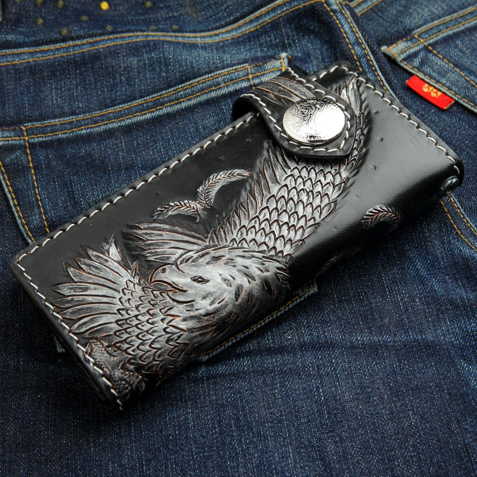 Genuine Cowhide Leather Biker Wallet for Men - American Eagle Harley Davidson Style - Perfect for Motorcycle Riders & Everyday Use