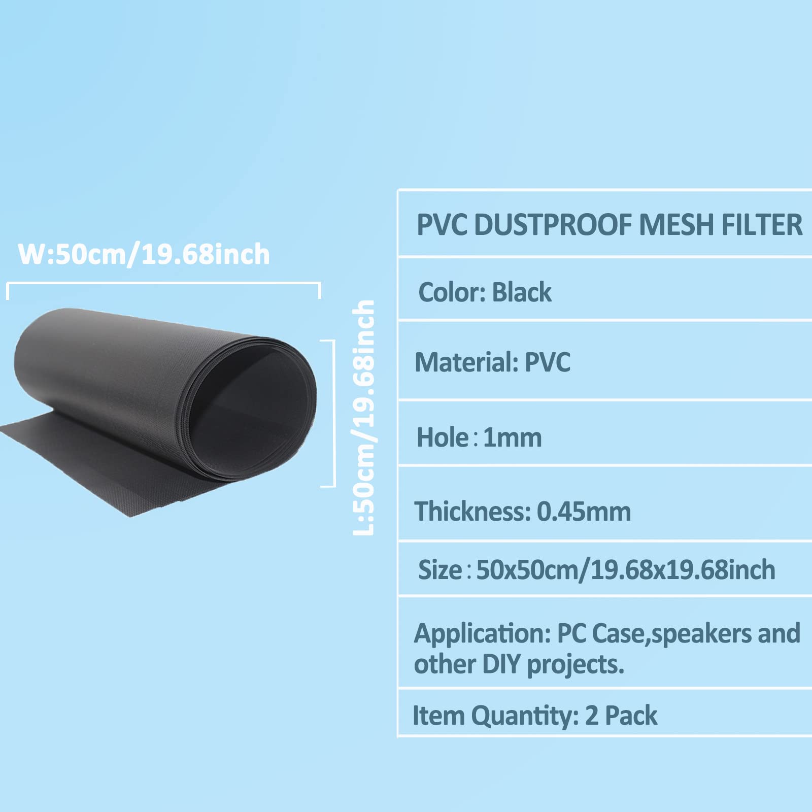 2-Pack 500x500mm (19.68inch) Magnetic PVC Dustproof Mesh Filter Cover for PC Case, Computer Chassis & Speakers - DIY Dust Protection for Gaming Rigs, Home Theater & Office Setups