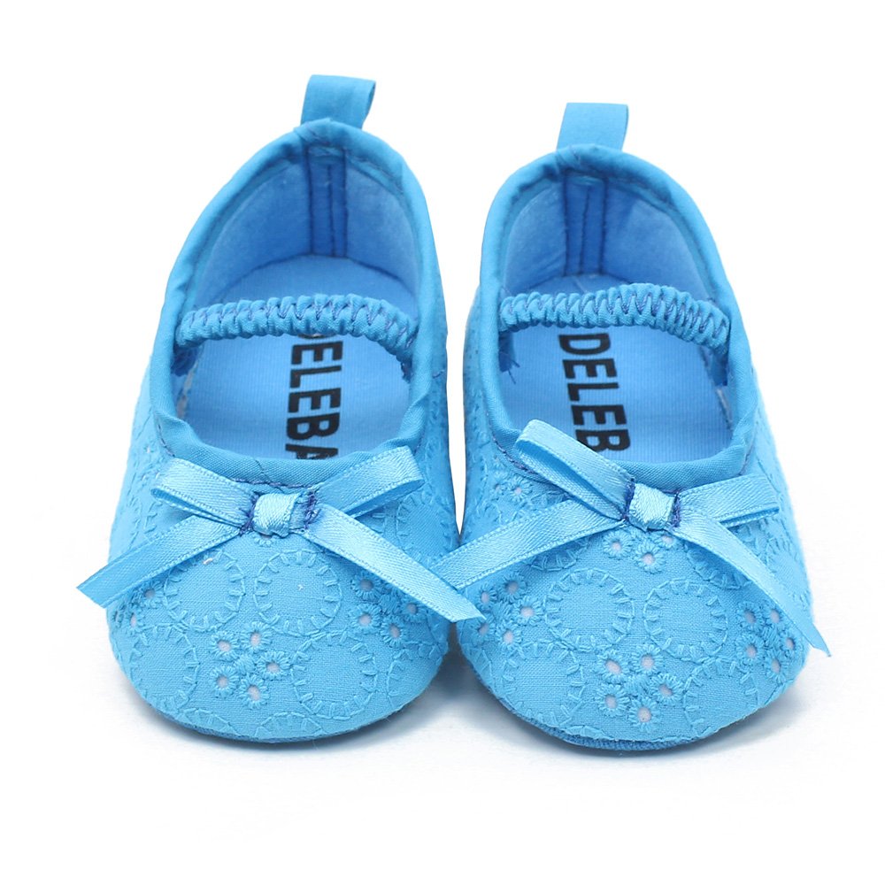 Delebao Baby Girl Satin Mary Jane Shoes - Soft Infant Baptism Slippers, Comfortable Dance Ballerina First Walkers for 12-18 Months (Blue) - Perfect for Christening, Photo Shoots & Special Occasions