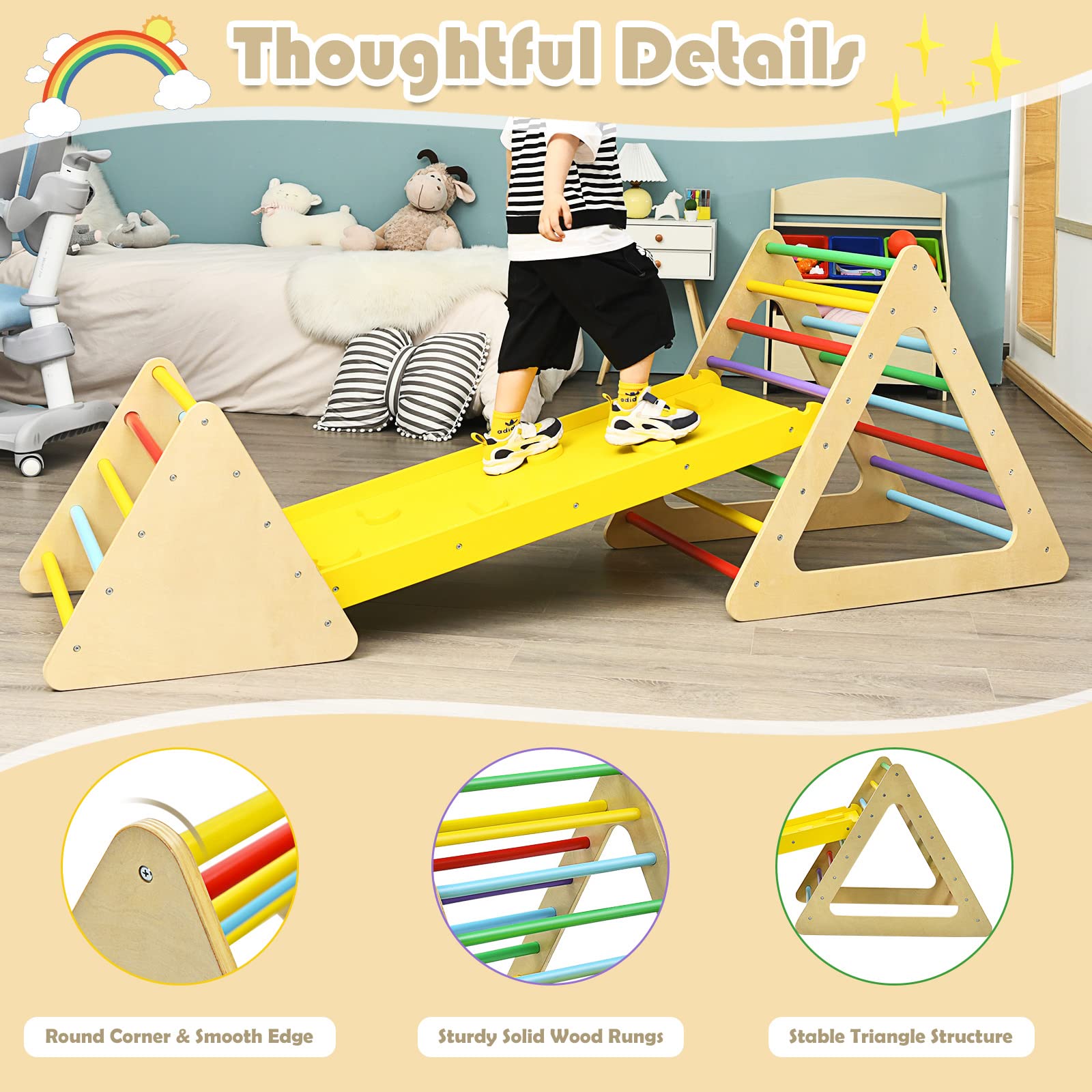 Costzon 3-in-1 Wooden Triangle Climber with Slide Ramp - Toddler Climbing Toy for Indoor & Outdoor Play - Multi-Combination Play Gym for Boys & Girls - Perfect for Backyard, Playroom & Daycare Activities
