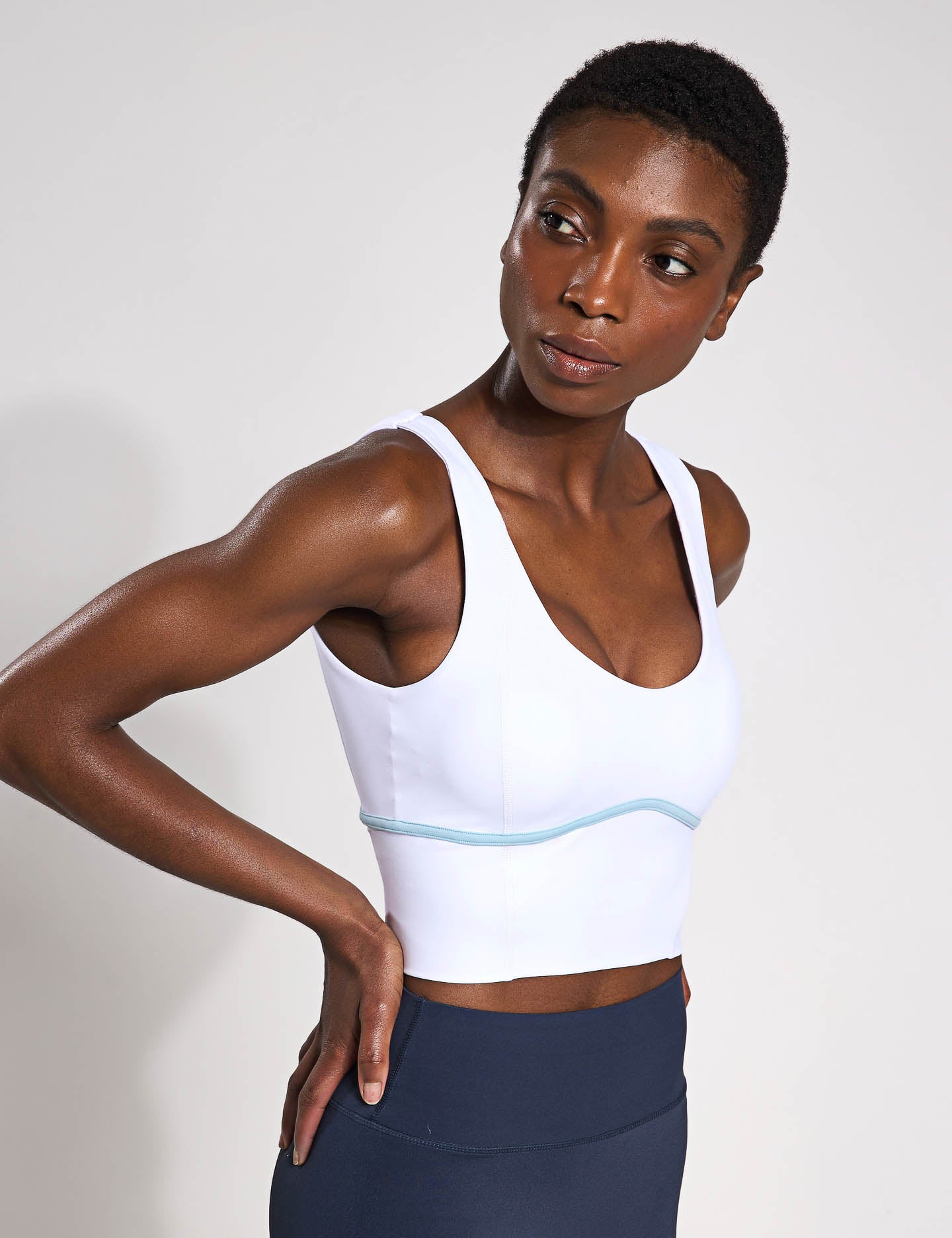 Ava Sports Bra for Women - High Support Workout Top - Breathable & Moisture Wicking - White/Light Blue - Perfect for Yoga, Running & Gym Fitness