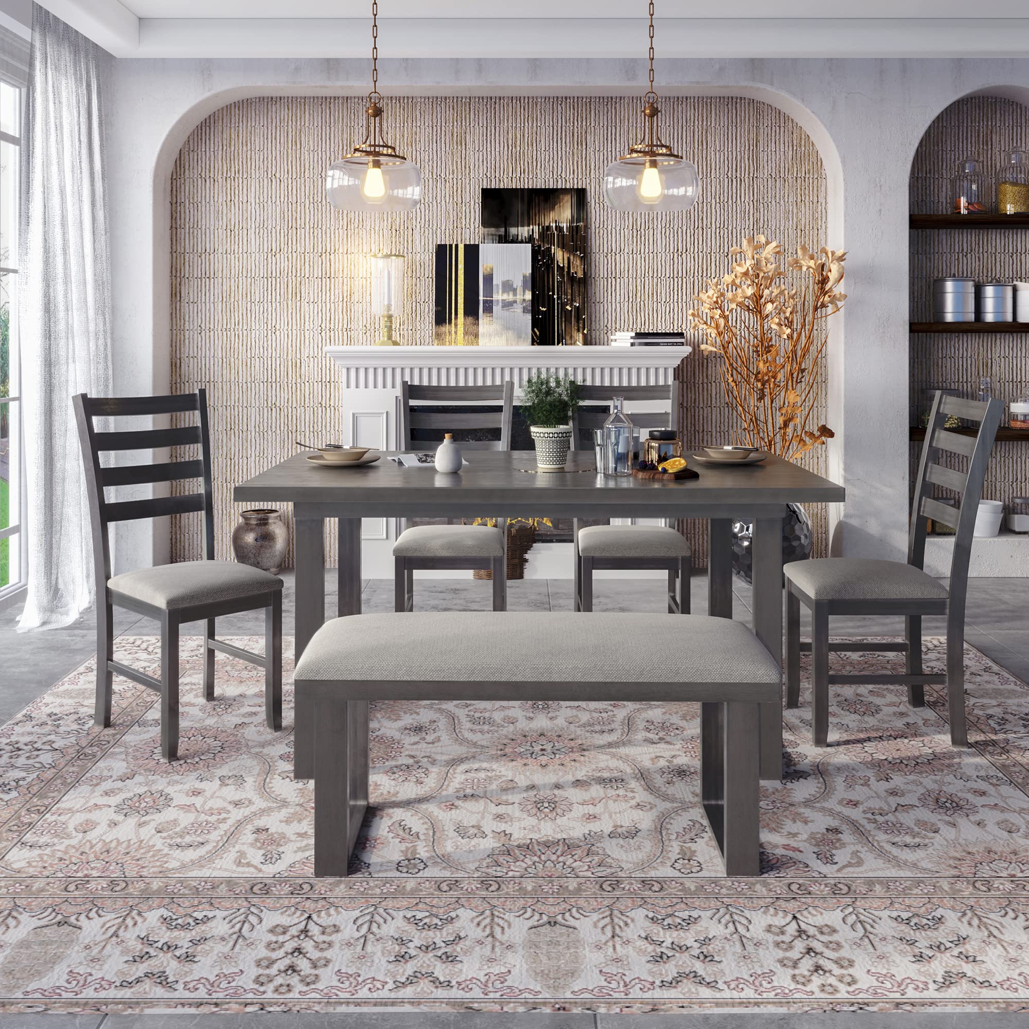 **6-Person Kitchen Dining Set with Table, 4 Chairs & Bench - High-Density Cushion Seating - Perfect for Family Meals, Entertaining & Small Spaces**