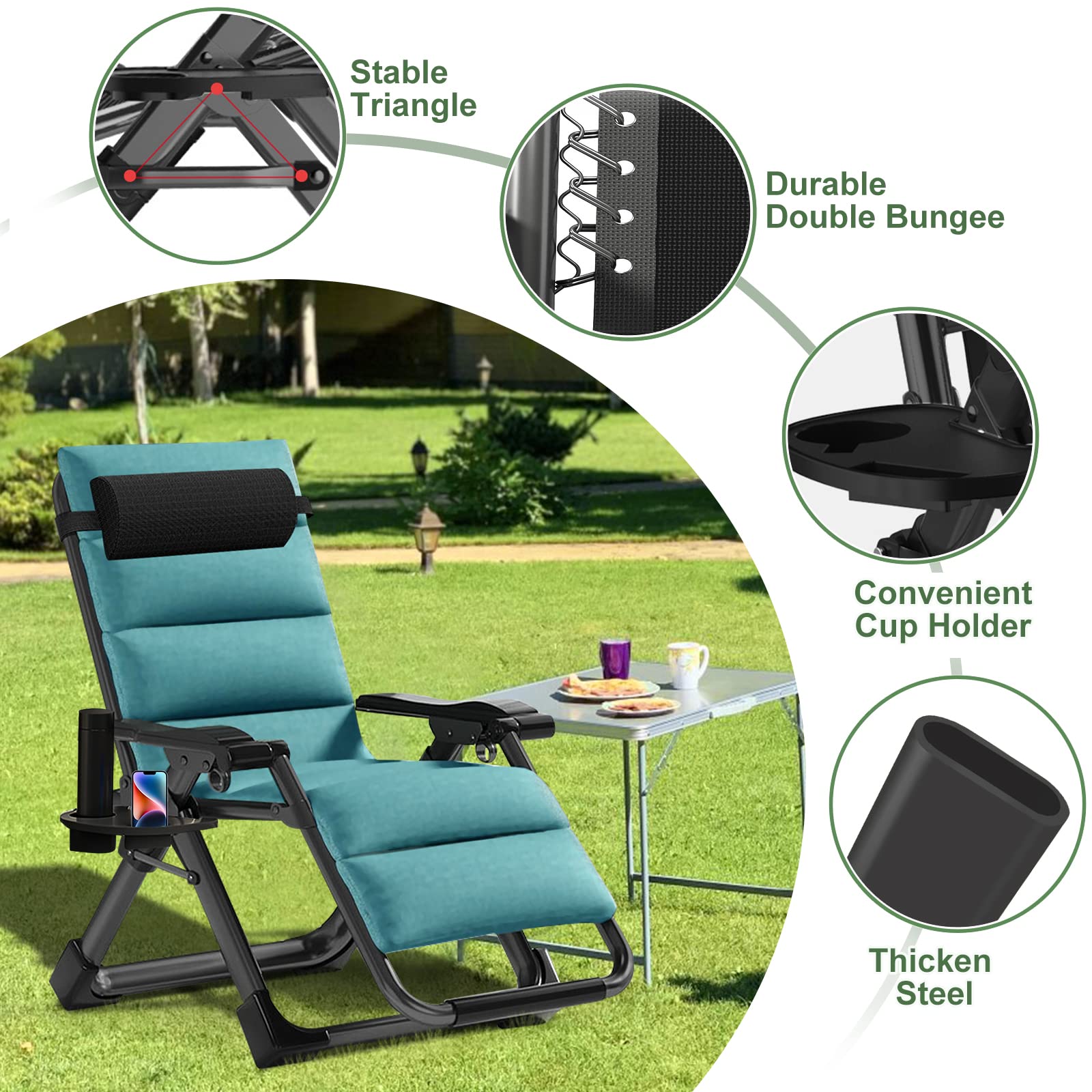 Barbella Zero Gravity Reclining Lounge Chair - Adjustable Folding Patio Chair with Removable Cushion, Headrest & Cup Holder - Perfect for Backyard, Poolside, Beach, and Indoor Relaxation