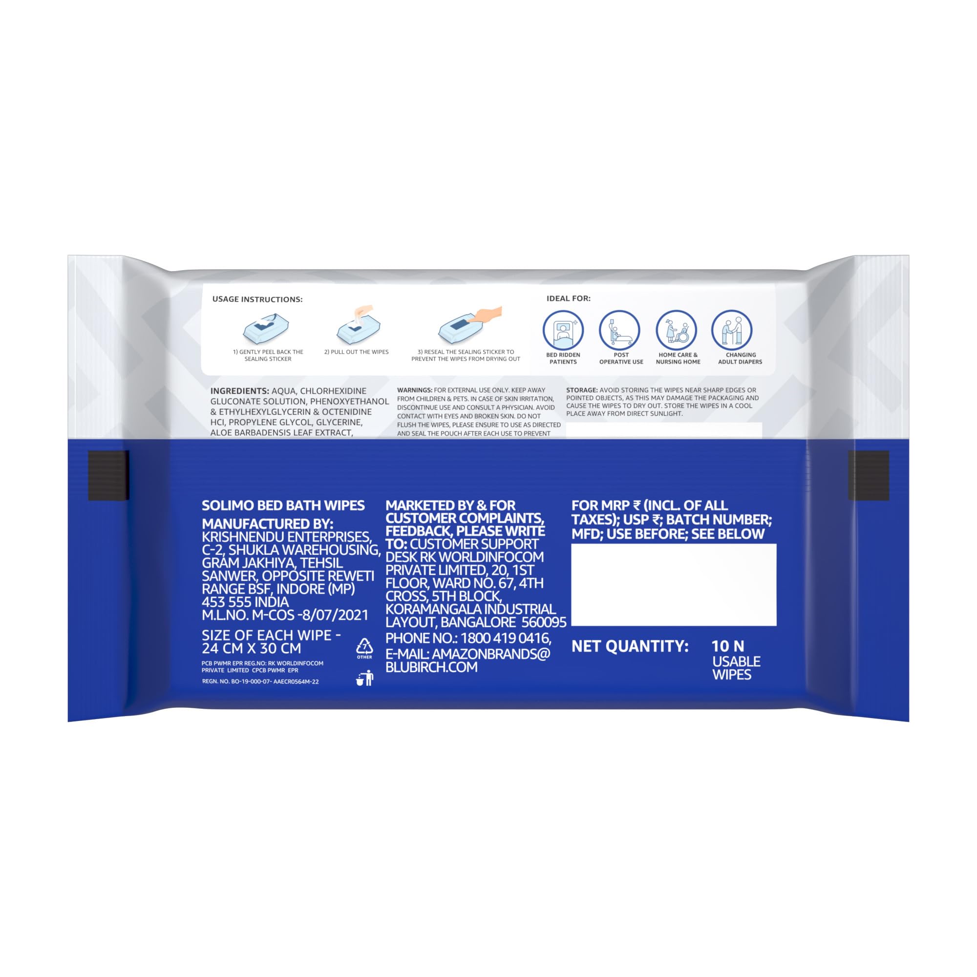 Solimo Adult Bed Bath Wipes - 100 Count (10 Packs x 10 Wipes) with Aloe Vera, Olive Oil & Vitamin E | Germ Protection, pH Balanced | Alcohol & Paraben Free | Ideal for Elderly Care, Post-Surgery Hygiene & Travel Convenience